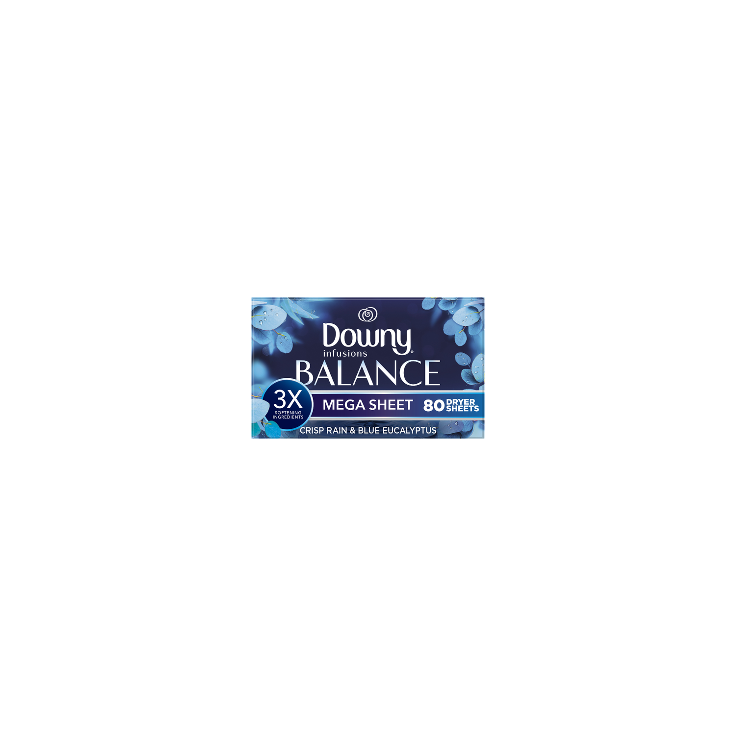 Downy Infusions Mega Dryer Sheets, Laundry Fabric Softener, Balance, Crisp Rain And Blue Eucalyptus - 80 Count