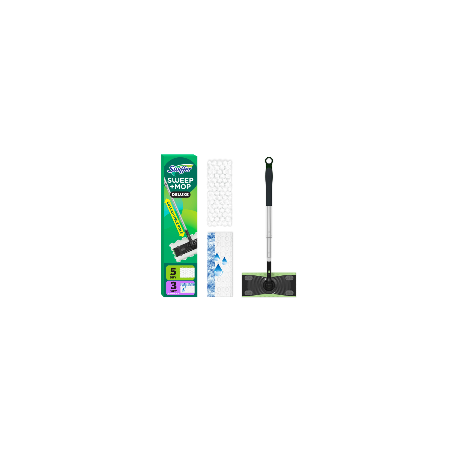 Swiffer Sweep And Mop Deluxe, 2-In-1 Floor Mopping Sweeping Kit, Multi-Surface Kit For Cleaning, Includes 1 Sweeper Device, 5 Heavy Duty Dry Cloths, 3 Wet Cloths - 1 Count