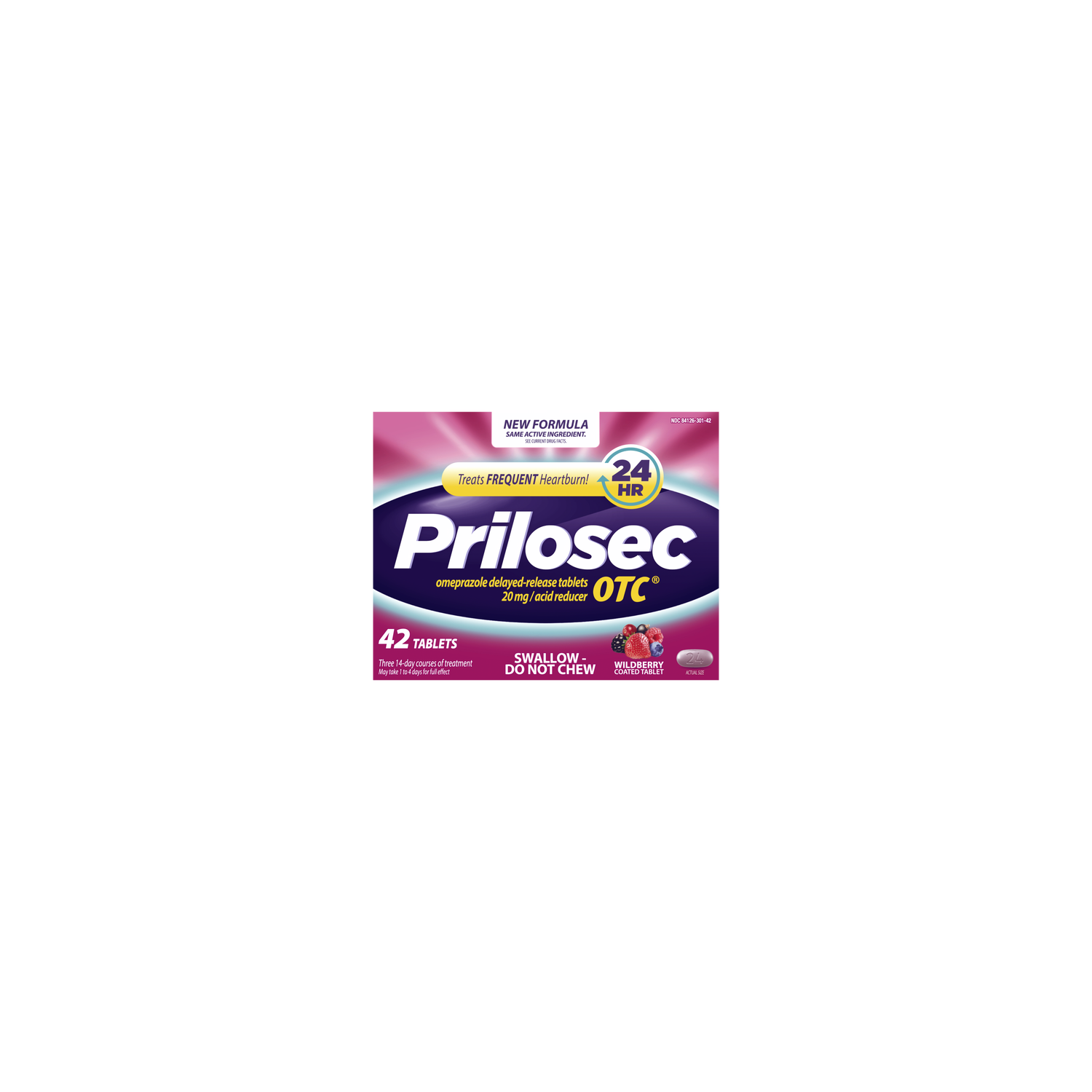 Prilosec OTC Heartburn Relief, Omeprazole, Wildberry Flavor - 42 Count