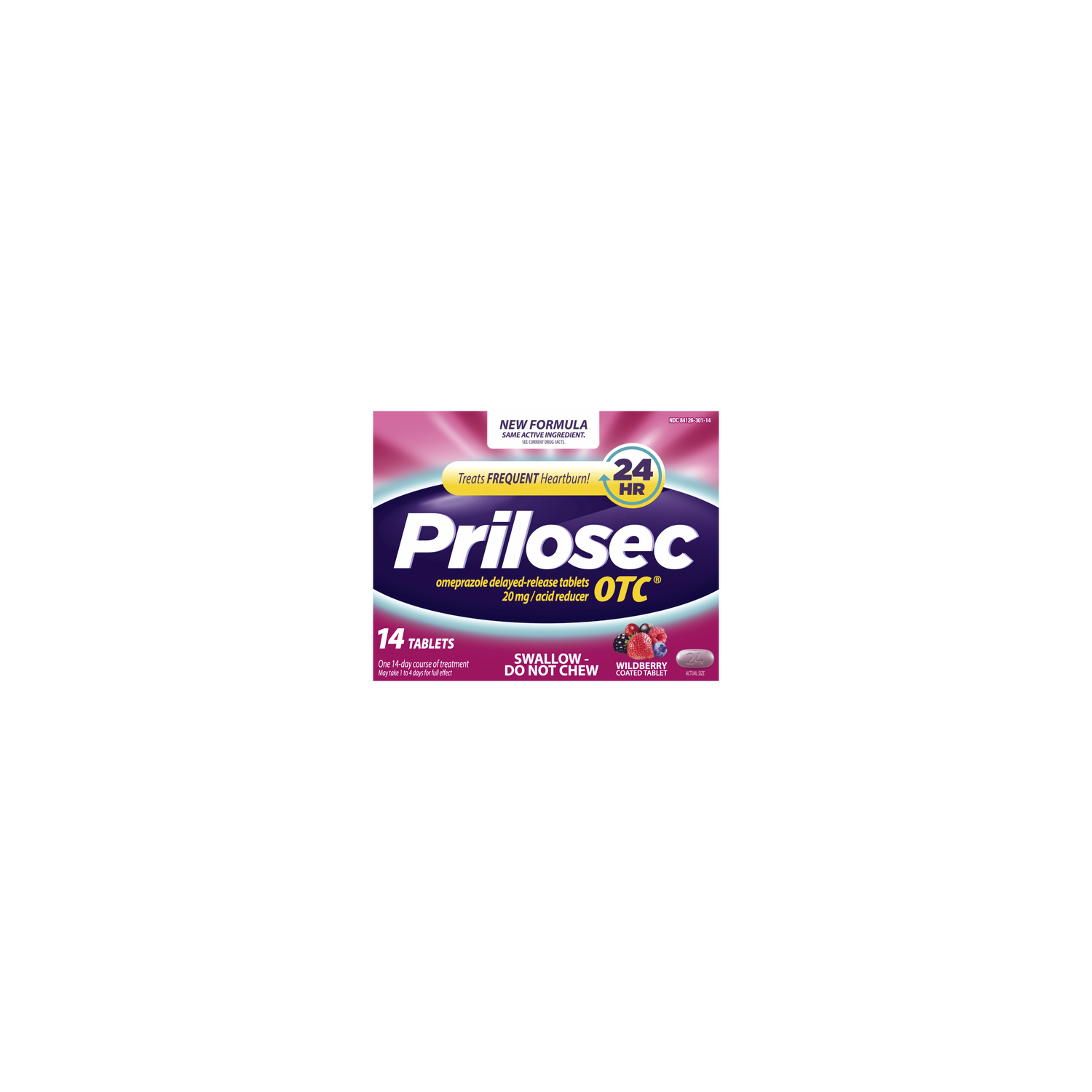 Prilosec OTC Heartburn Relief, Omeprazole, Wildberry Flavor - 14 Count