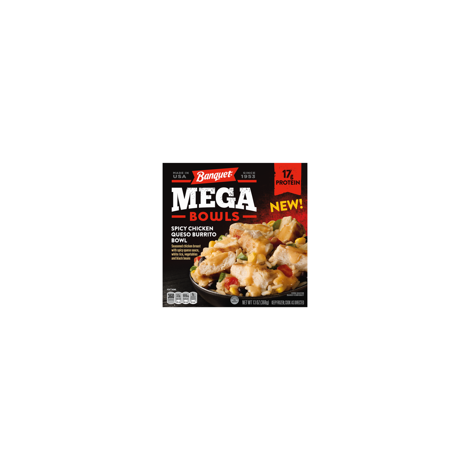 Banquet Mega Bowls, Spicy Chicken Queso Burrito Bowl, Frozen Meal - 13 Ounce Image 1 of 2