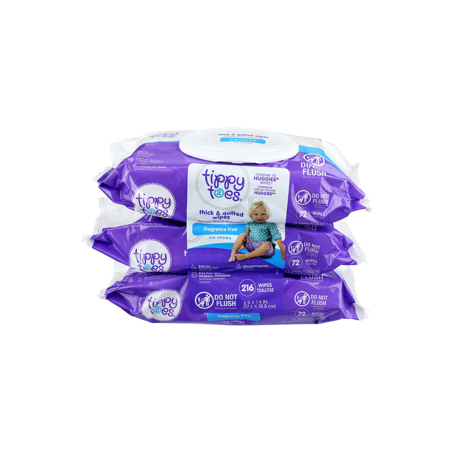 Tippy Toes Muti-Pack Fragrance Free Baby Wipes - 216 Count Image 1 of 3