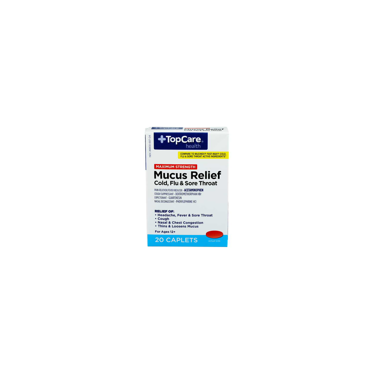 Top Care Health Maximum Strength Mucus Relief Cold, Flu & Sore Throat Caplets - 20 Count Image 1 of 2