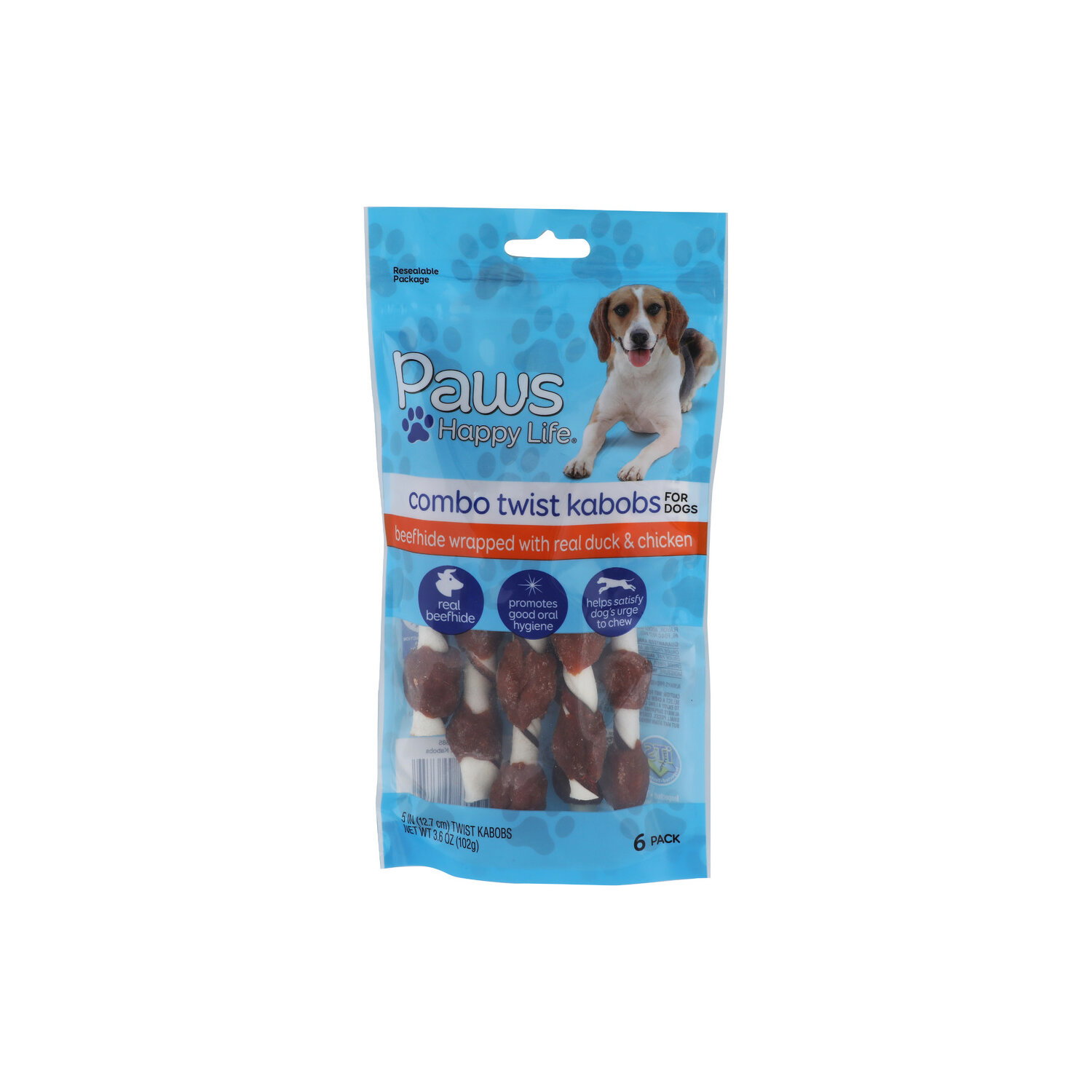 Paws Happy Life Beefhide Wrapped With Duck & Chicken Combo Twist Kabobs - 0.6 Ounce - 6 Count Image 1 of 4