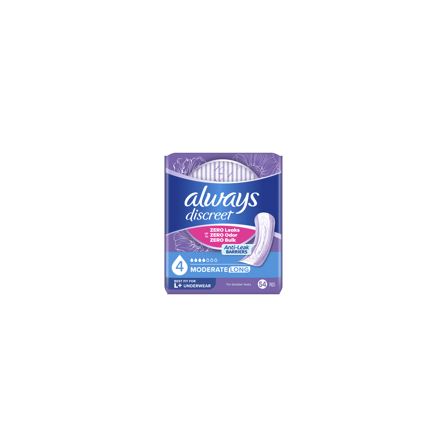 Always Discreet Incontinence Pads, Moderate Absorbency, Long - 54 Count Image 1 of 2
