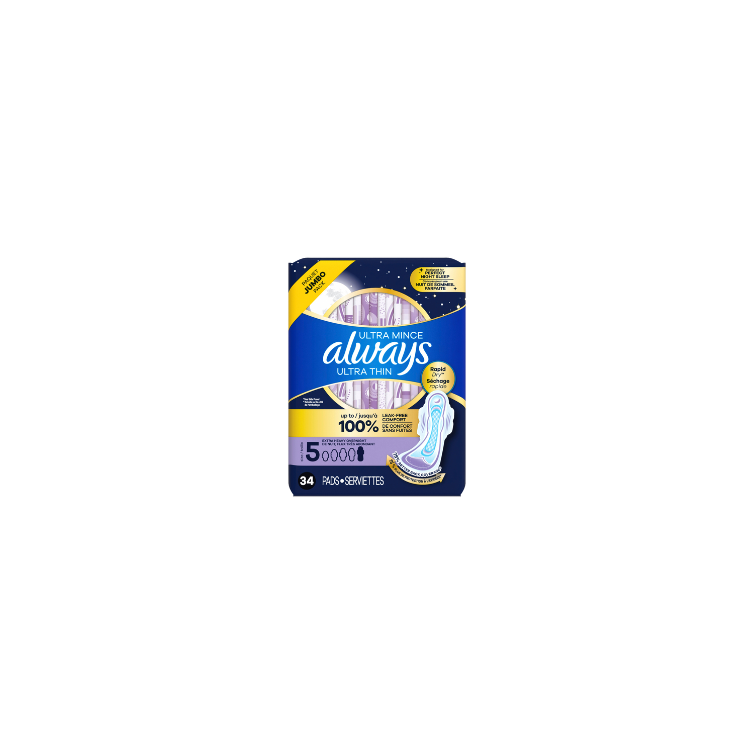 Always Ultra Thin Overnight Pads, Size 5, Unscented - 34 Count Image 1 of 2