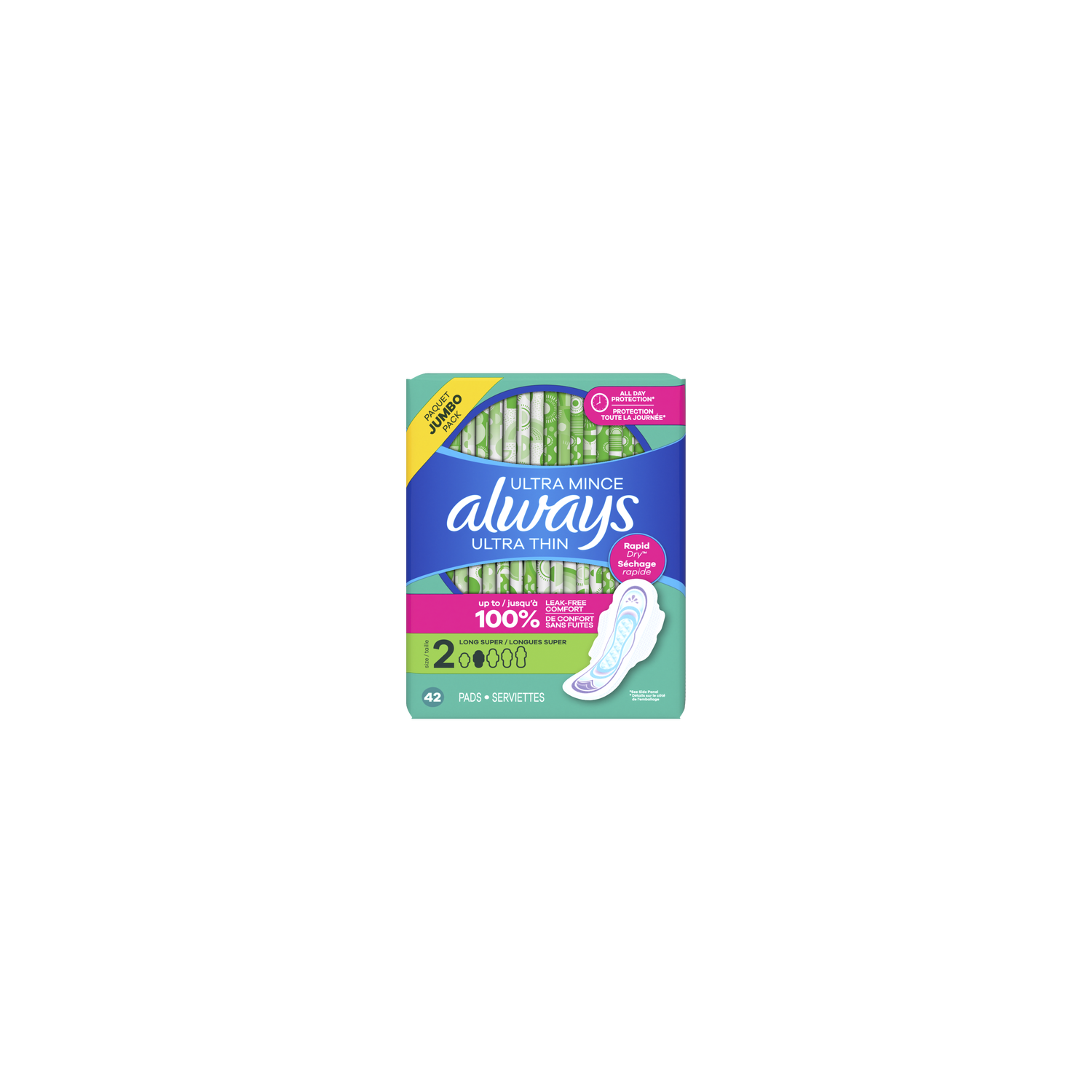 Always Ultra Thin Feminine Pads With Wings For Women, Size 2, Long Super Absorbency, Unscented - 42 Count