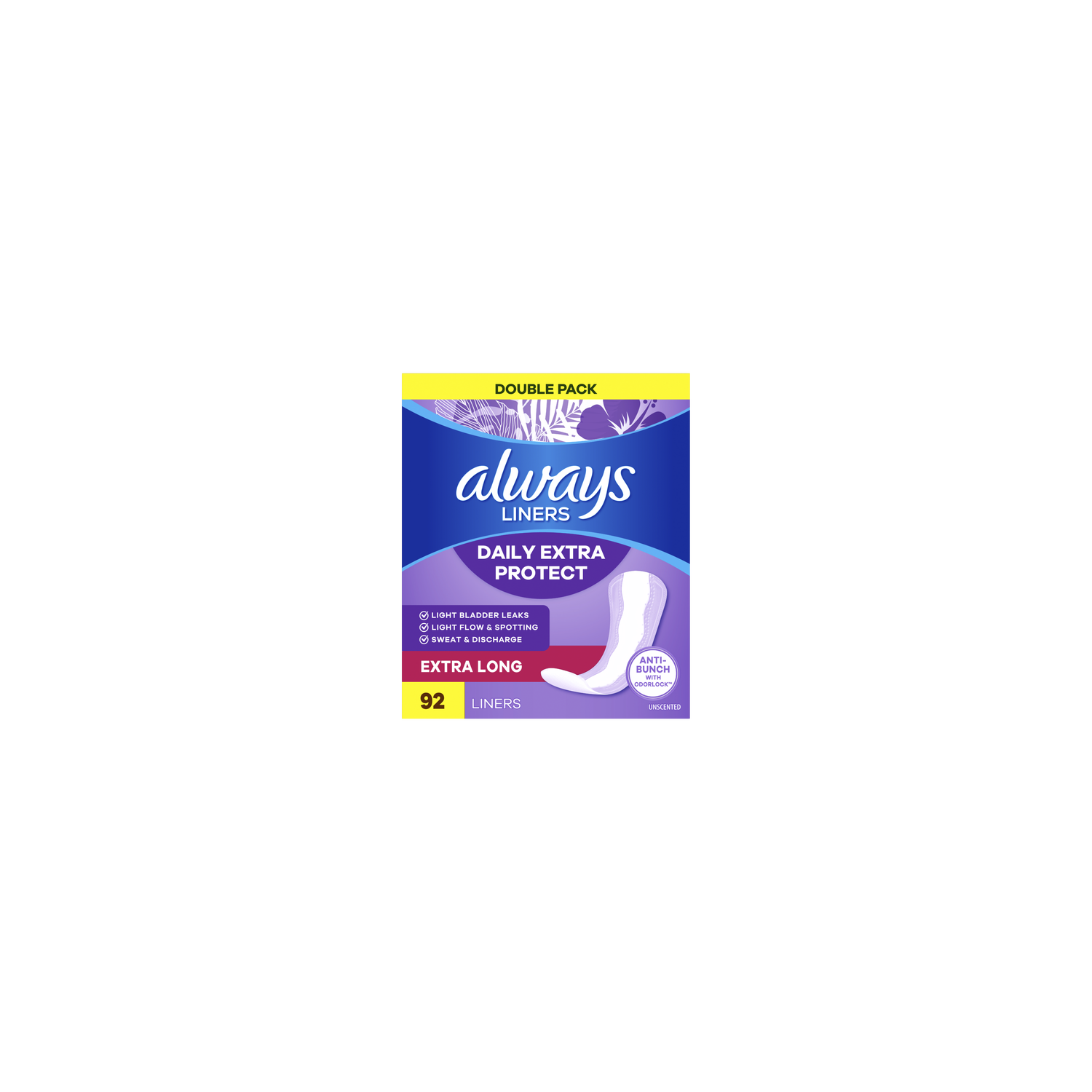 Always Daily Extra Protect Liners, Long Length, Unscented Panty - 92 Count