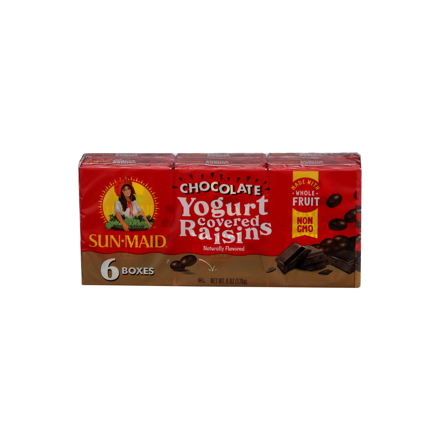 SUN-MAID Chocolate Dried, Whole Yogurt Covered Raisins 6-Pack Cartons - 6 Ounce Image 1 of 4