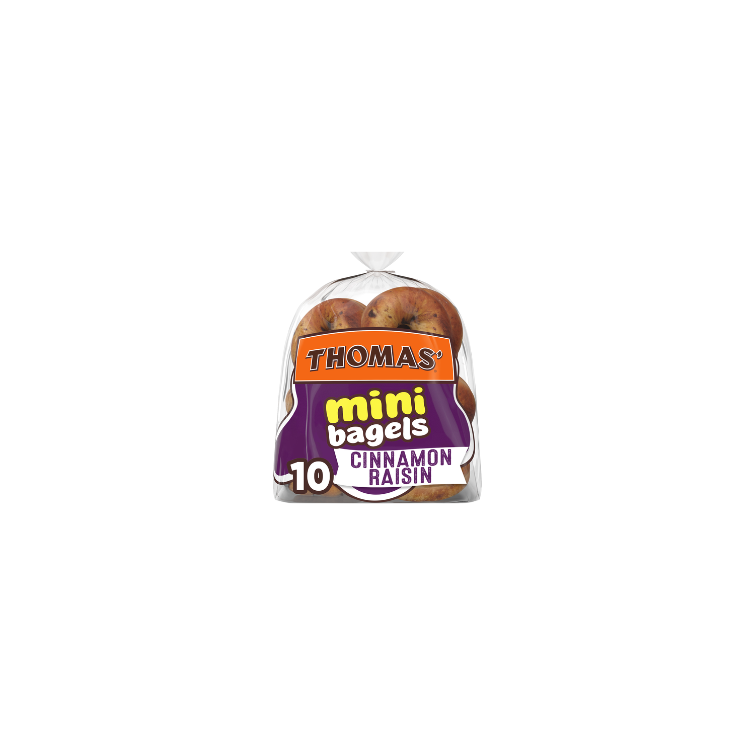 Thomas' Cinnamon Raisin Mini Bagels, 10 Pre Sliced Bagels With No High Fructose Corn Syrup, Bag - 15 Ounce Image 1 of 4
