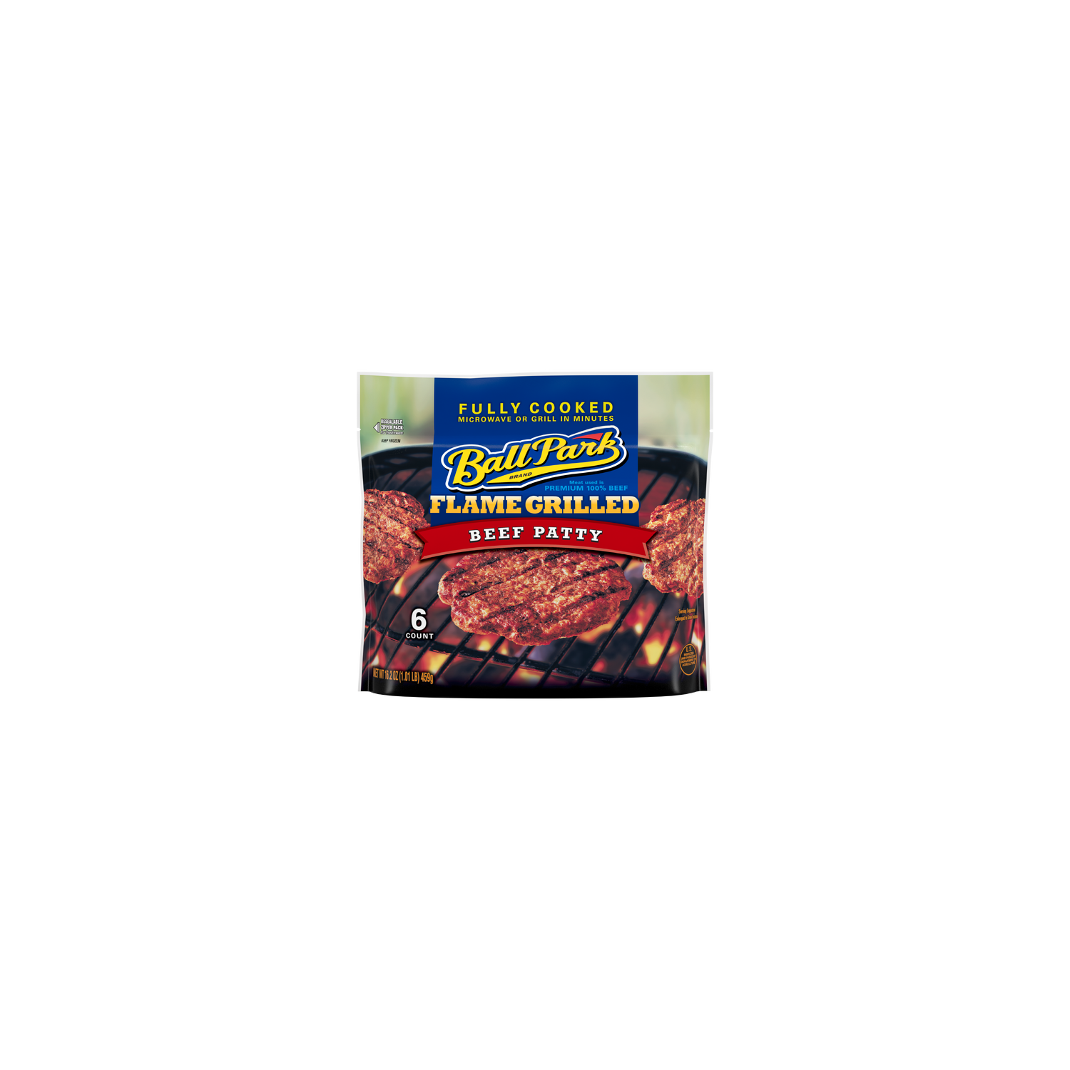 Ball Park Fully-Cooked Flame Grilled Original Beef Patties, Frozen, Resealable Package - 16.2 Ounce Image 1 of 2