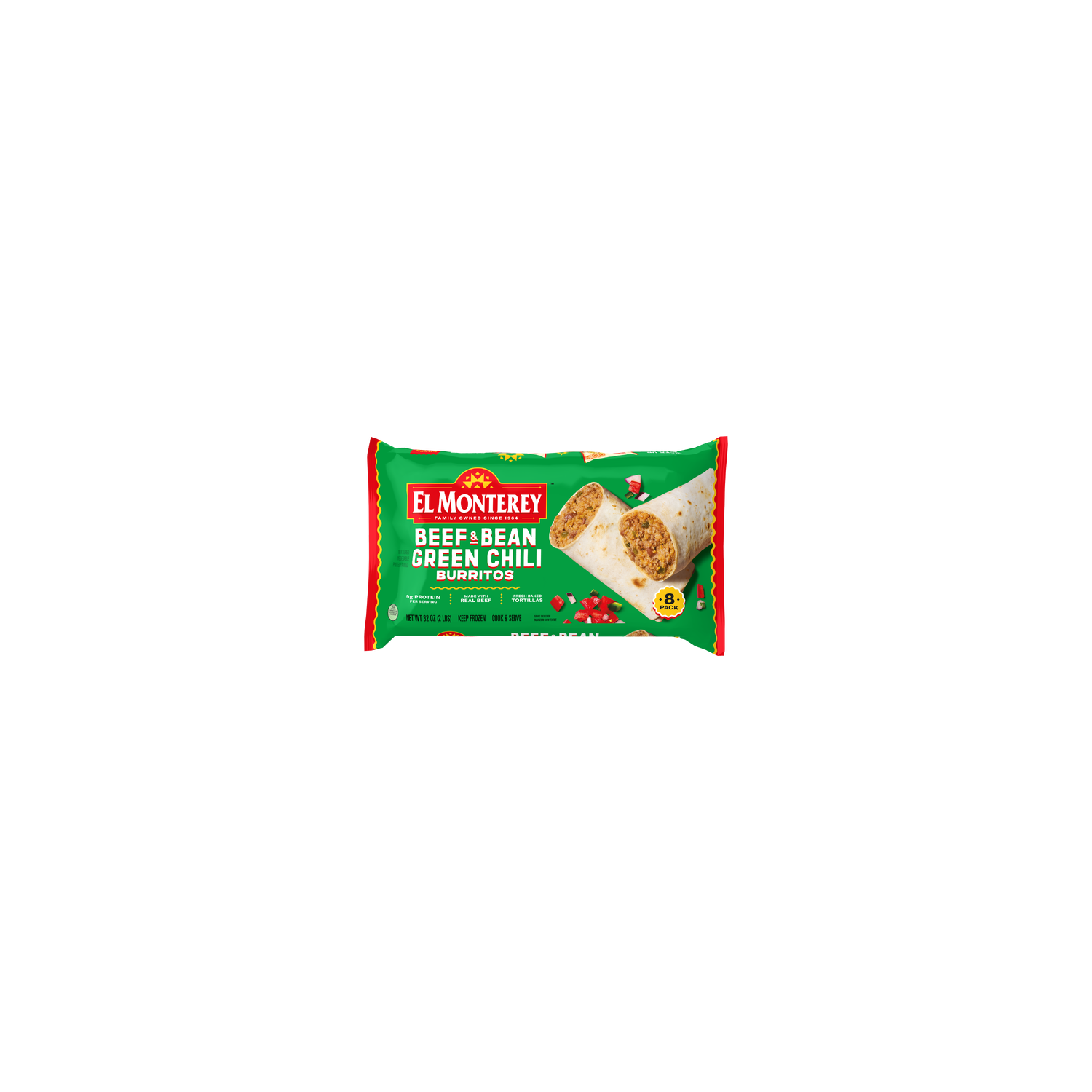 El Monterey Beef & Bean Green Chili Burritos , Family Size Frozen - 4 Ounce - 8 Count