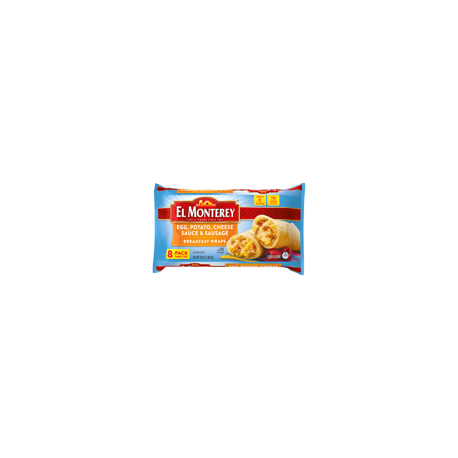 El Monterey Egg, Potato, Cheese Sauce & Sausage Breakfast Wraps , Family Size Frozen - 2.618 Ounce - 11 Count