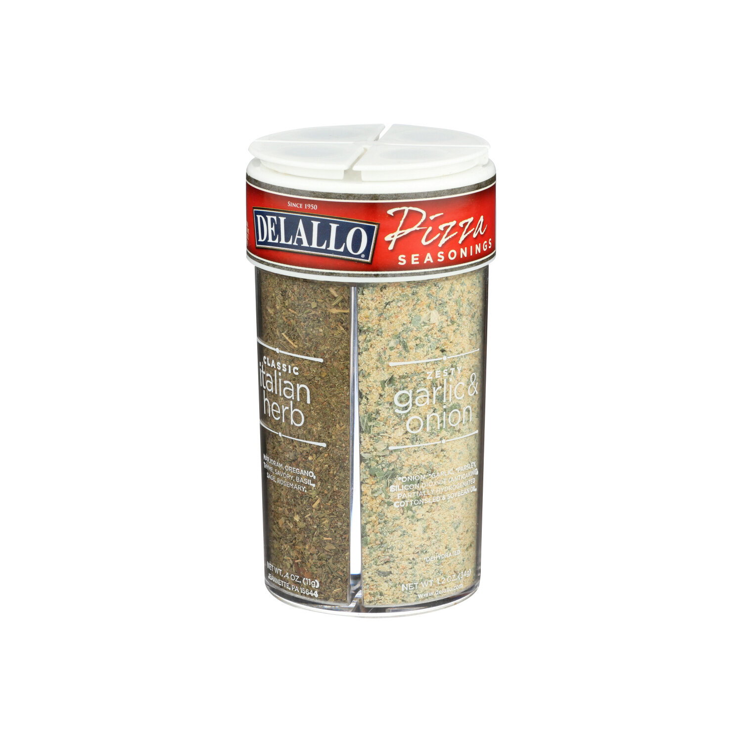Delallo Zesty Garlic & Onion Crushed Red Pepper Roasted Garlic & Cheese Classic Italian Herb Pizza Seasonings 4 Variety - 3.2 Ounce Image 1 of 2