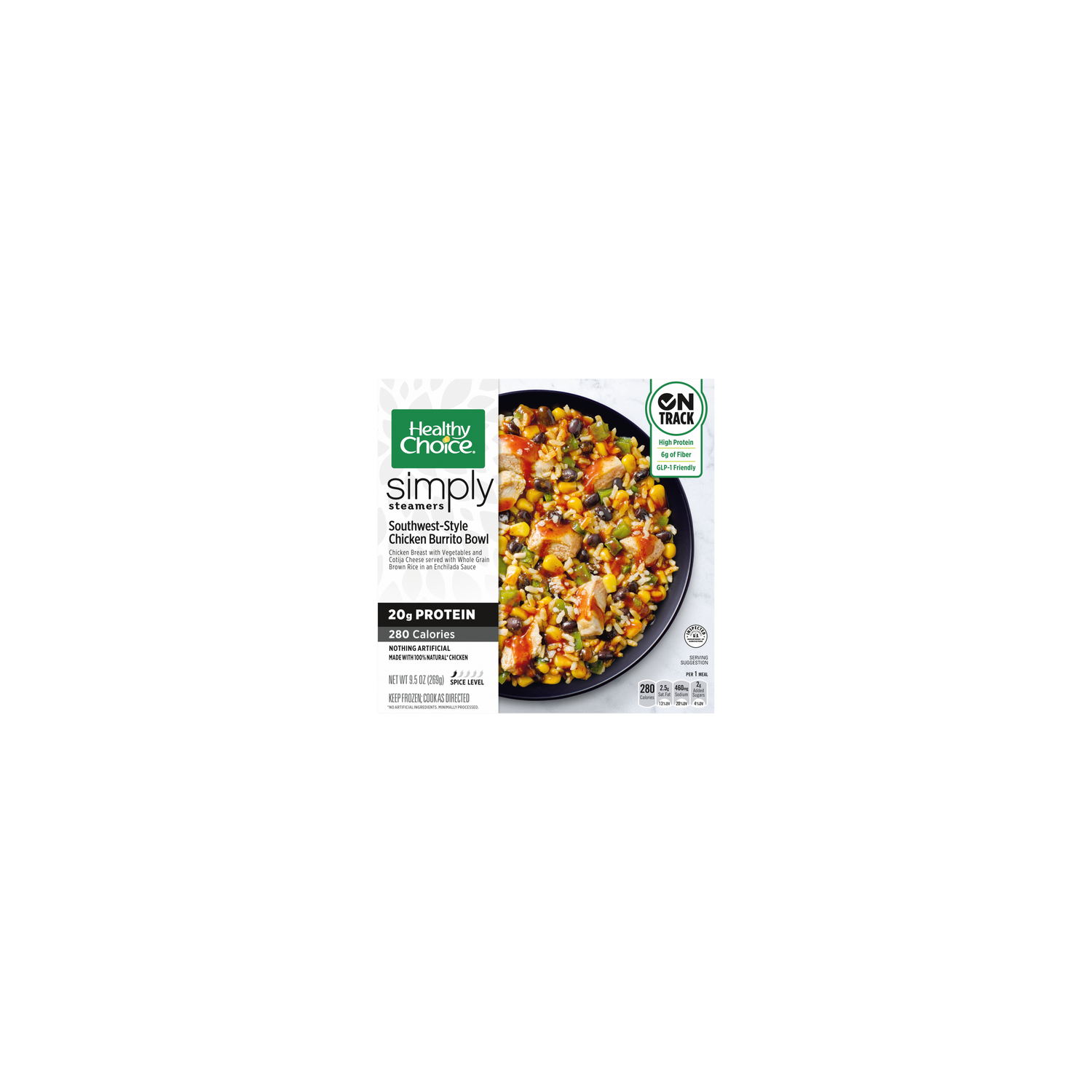 Healthy Choice Simply Steamers, Southwest-Style Chicken Burrito Bowl, Frozen Meal, Bowl - 9.5 Ounce Image 1 of 2