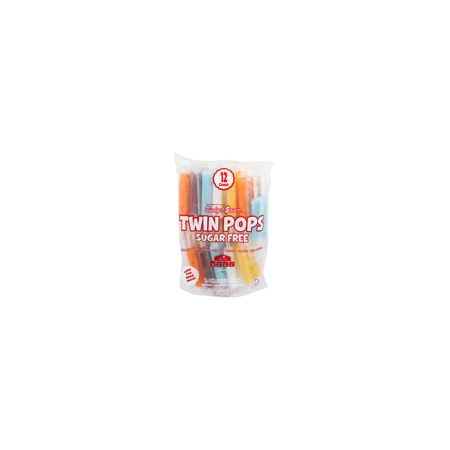 Budget Saver Blue Raspberry Grape Banana Cherry Orange Pina Colada Sugar Free Frozen Pops Twin - 2.35 Fluid Ounce - 12 Count Image 1 of 4