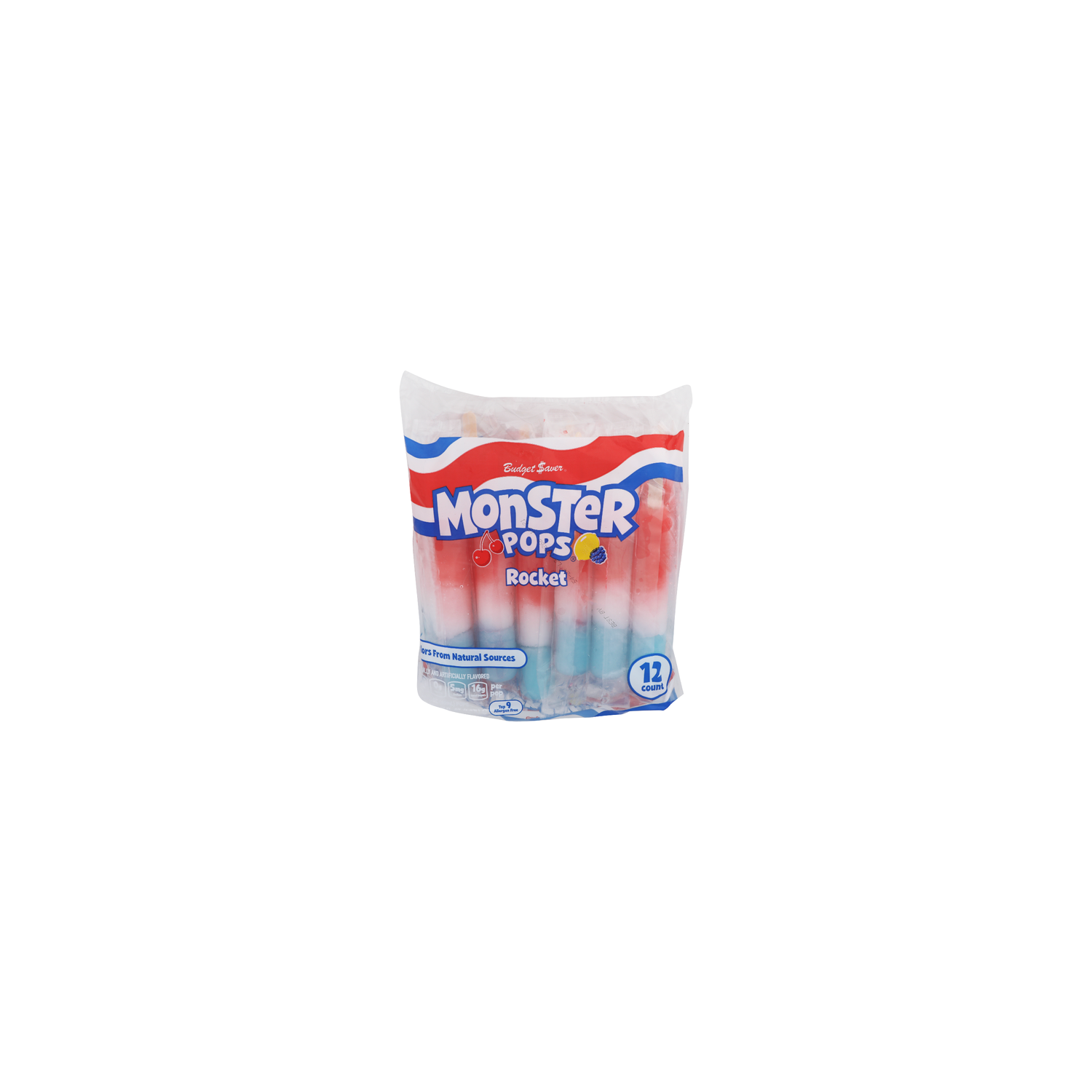 Budget Saver Rocket Monster Pops Blue Raspberry, Lemon, Cherry Frozen Slushed Novelty - 3 Fluid Ounce - 12 Count Image 1 of 4
