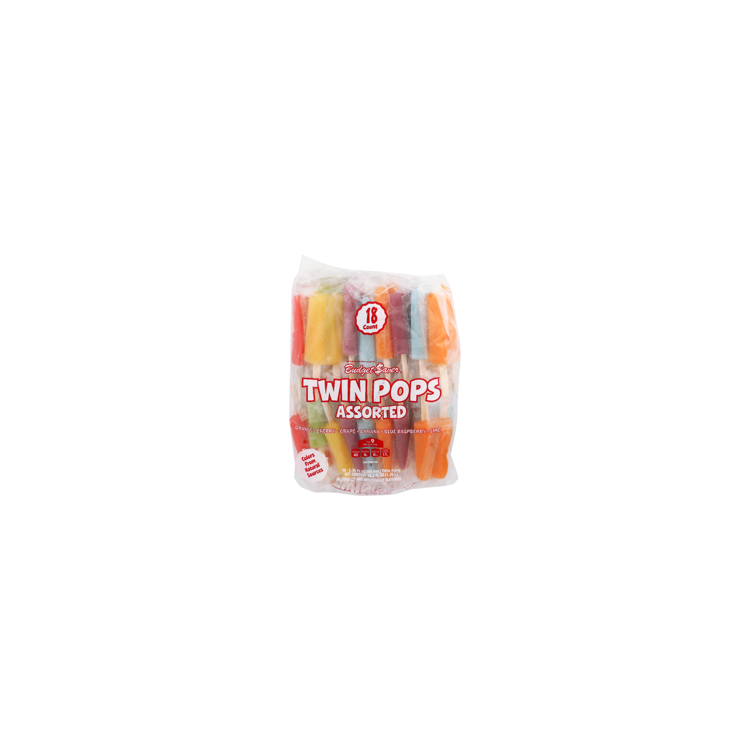 Budget Saver Orange Cherry Grape Banana Blue Raspberry Lime Assorted Twin Pops - 2.35 Fluid Ounce - 18 Count Image 1 of 4