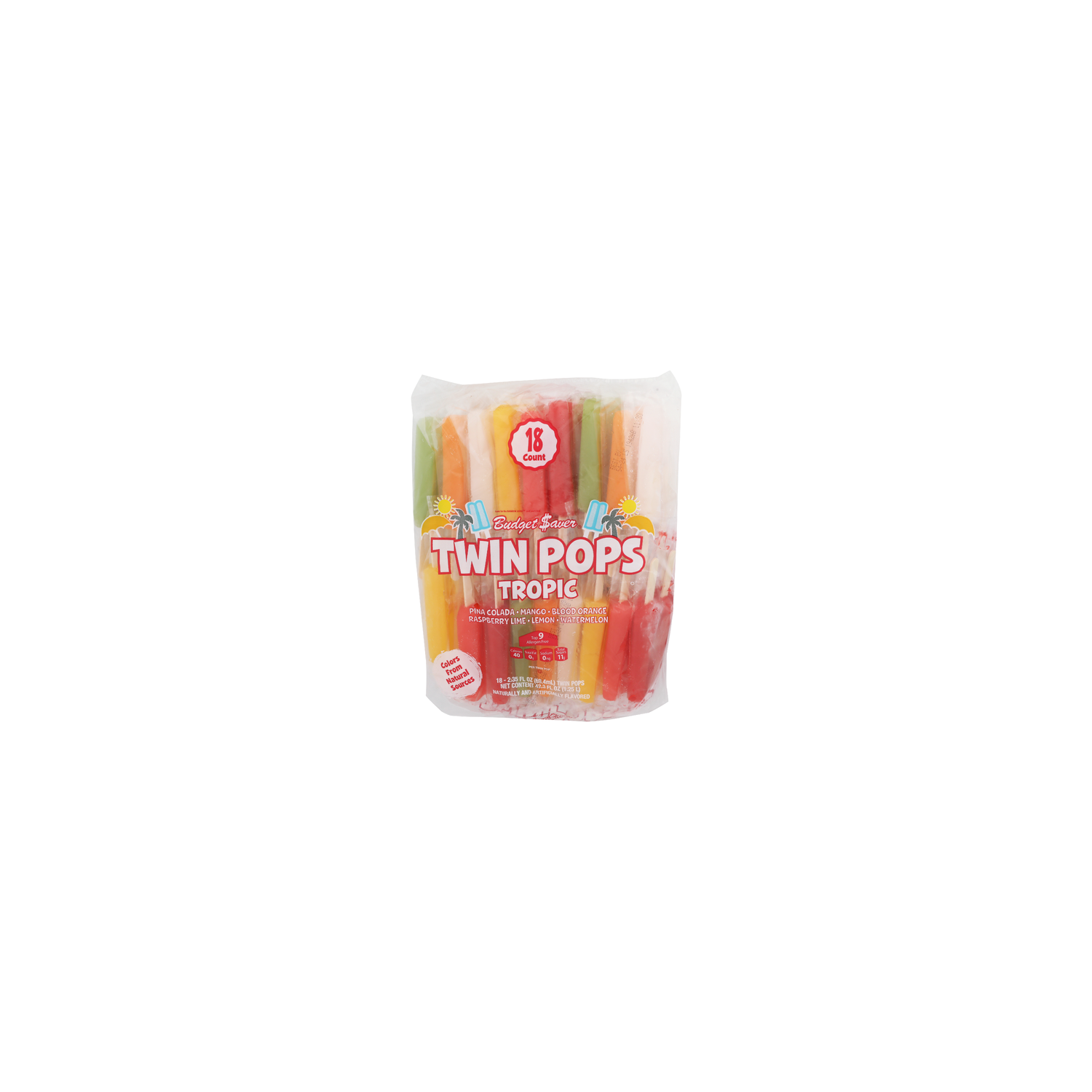 Budget Saver Tropic Twin Pops Pina Colada, Mango, Blood Orange, Raspberry Lime, Watermelon Frozen Novelty - 2.35 Fluid Ounce - 18 Count Image 1 of 4