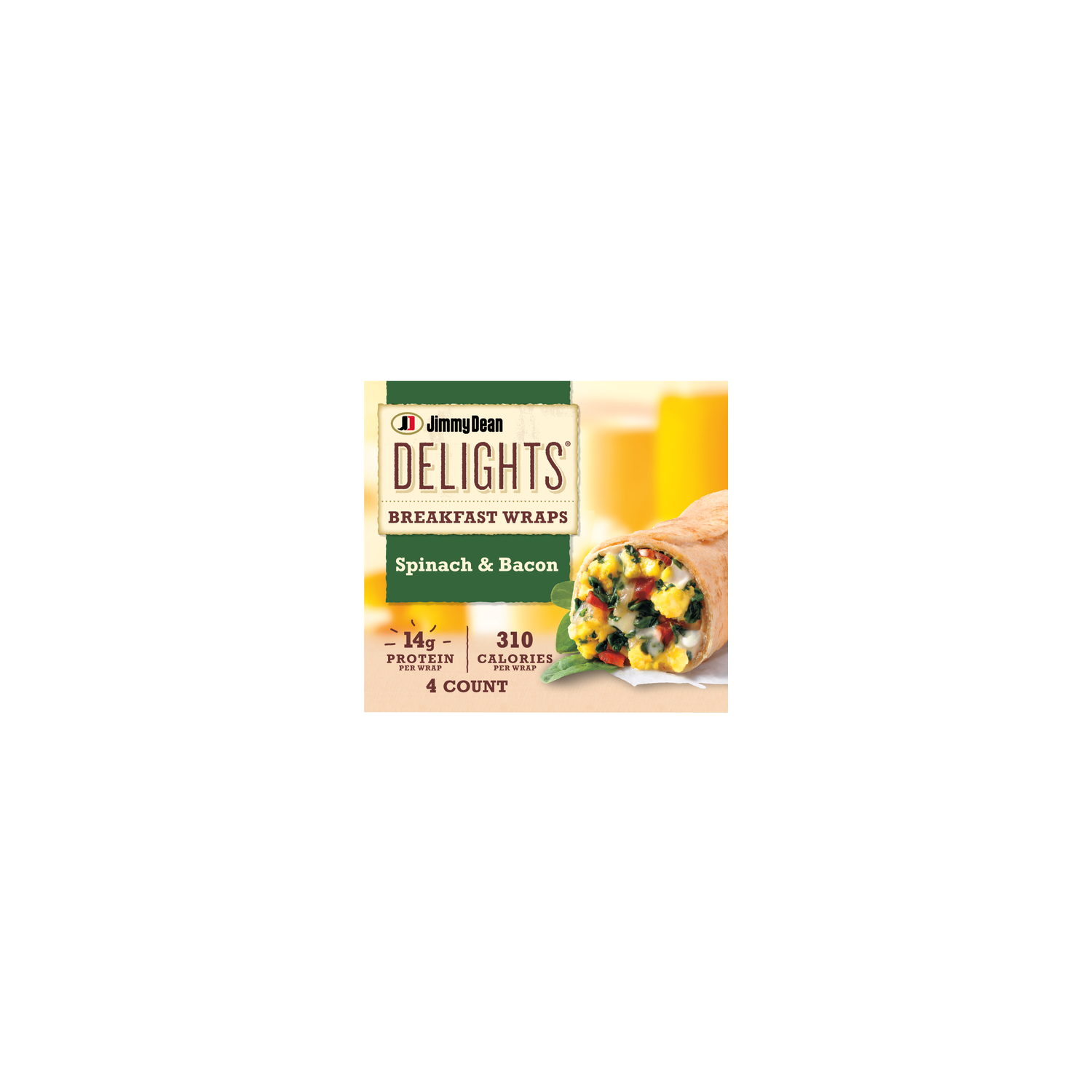 Jimmy Dean Spinach & Bacon Eggs, White Cheddar Cheese, Spinach, Bacon, And Caramelized Onions In Whole Wheat Tortilla Delights Breakfast Wraps - 17 Ounce Image 1 of 4