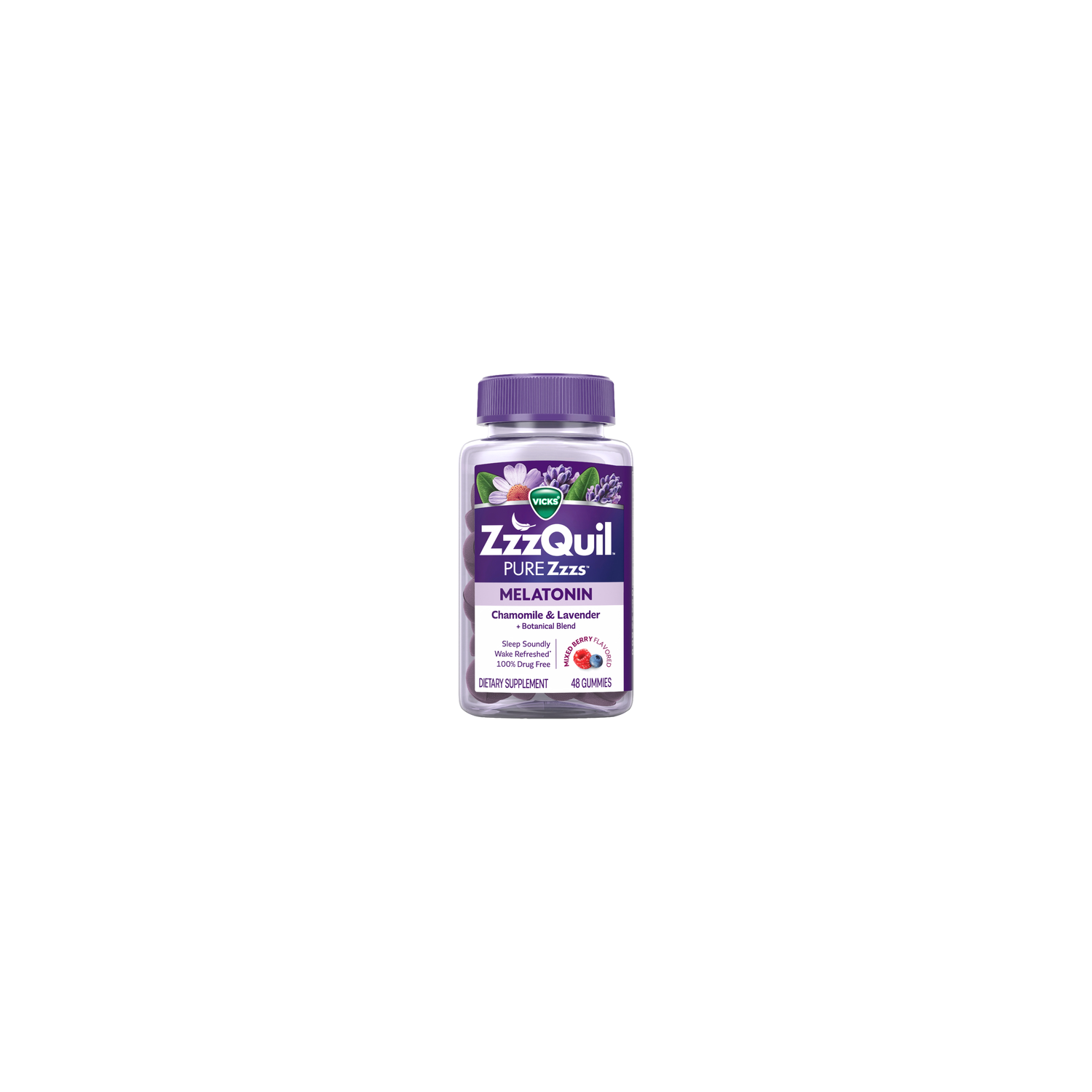 Vicks ZzzQuil PURE Zzzs Melatonin Gummies With Chamomile & Lavender, Wildberry Vanilla - 48 Count Image 1 of 2