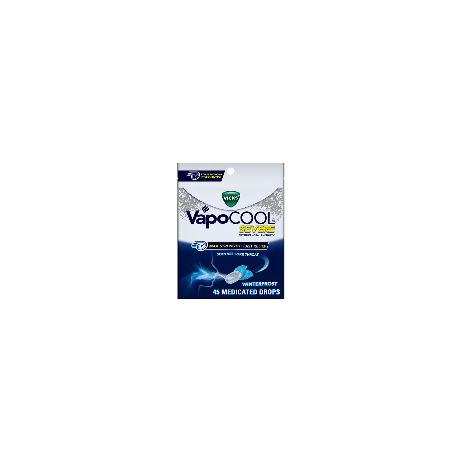 Vicks Vapocool Severe Medicated Sore Throat Drops, Max Strength Menthol, Soothes Pain, Winterfrost Flavor - 45 Count