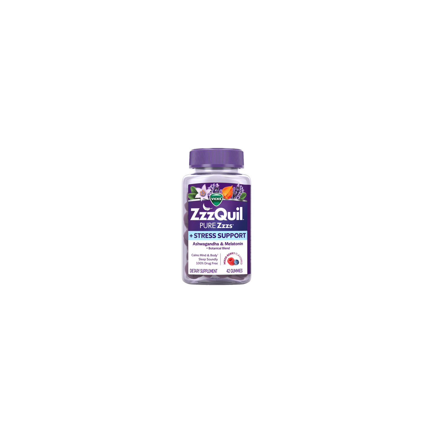 Vicks ZzzQuil PURE Zzzs De-Stress Melatonin Gummies With Ashwagandha - 42 Count Image 1 of 2