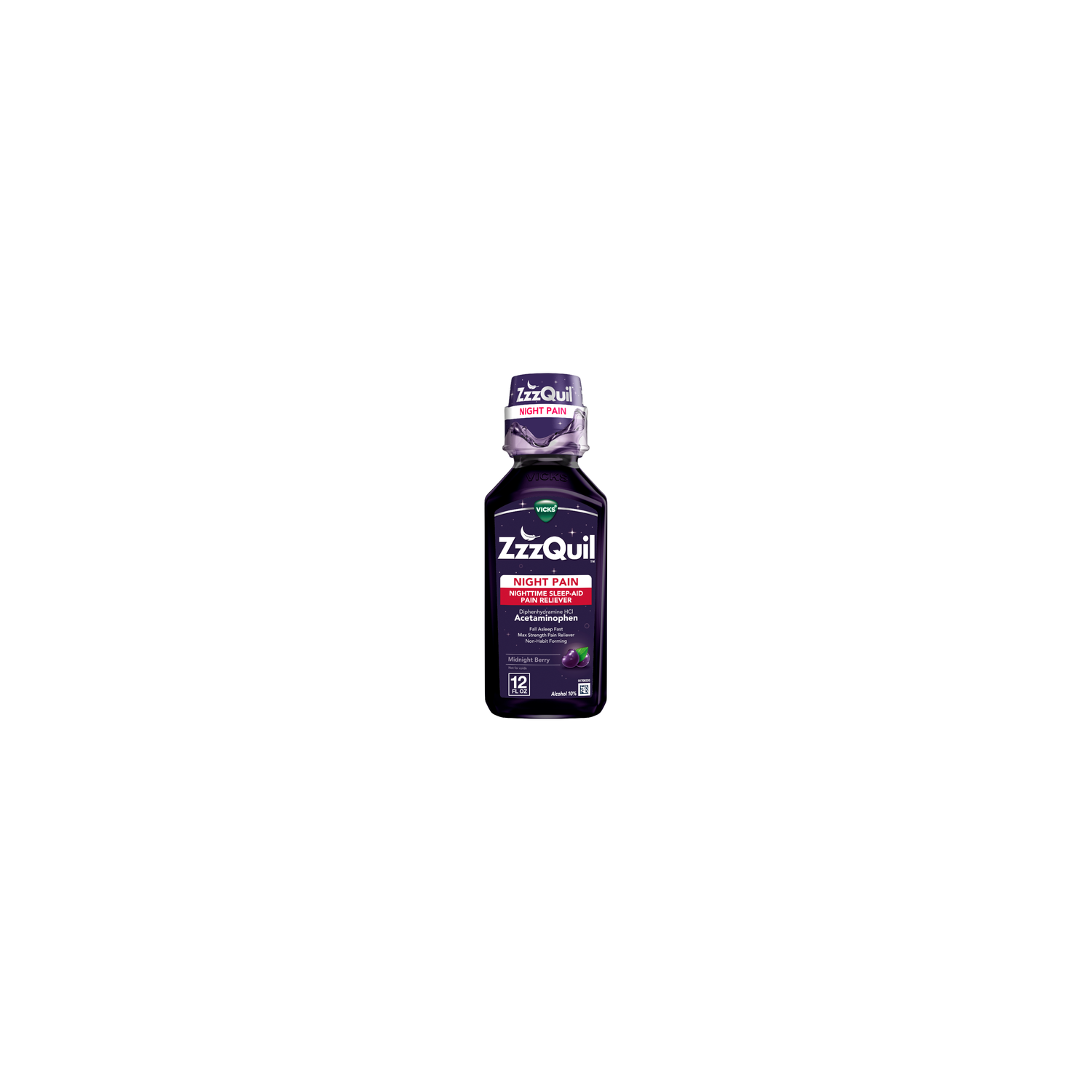 Vicks ZzzQuil Berry Flavor Liquid Max Strength Pain Reliever Nighttime Sleep Aid Midnight - 12 Ounce