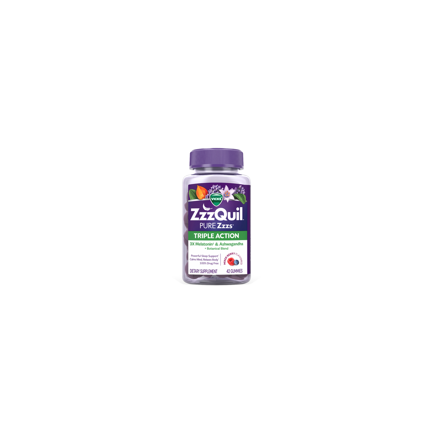 Vicks ZzzQuil PURE Zzzs Triple Action Melatonin Gummies With Ashwagandha - 42 Count Image 1 of 2