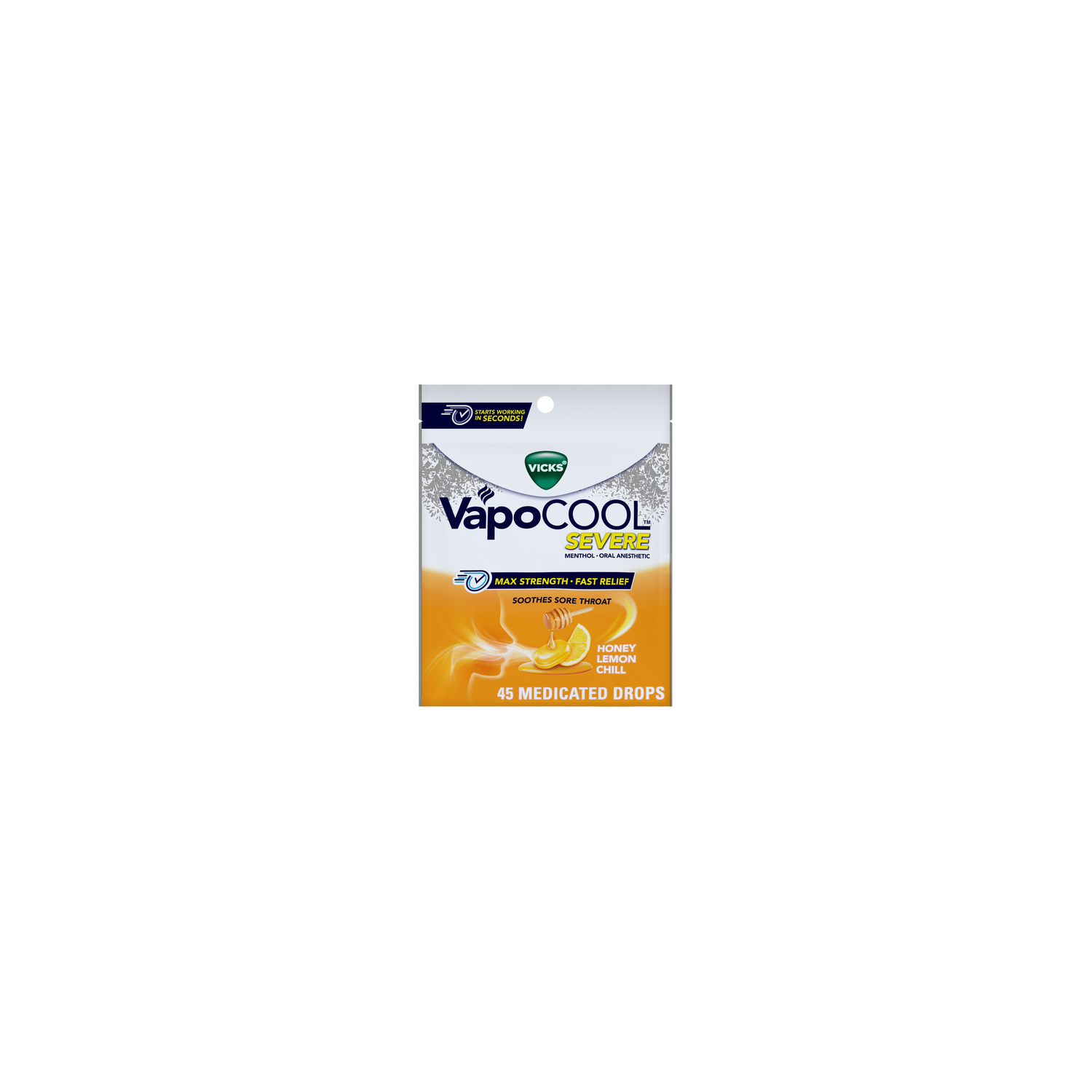 Vicks Vapocool Severe Medicated Sore Throat Drops, Max Strength Menthol, Soothes Pain, Honey Lemon Flavor - 45 Count