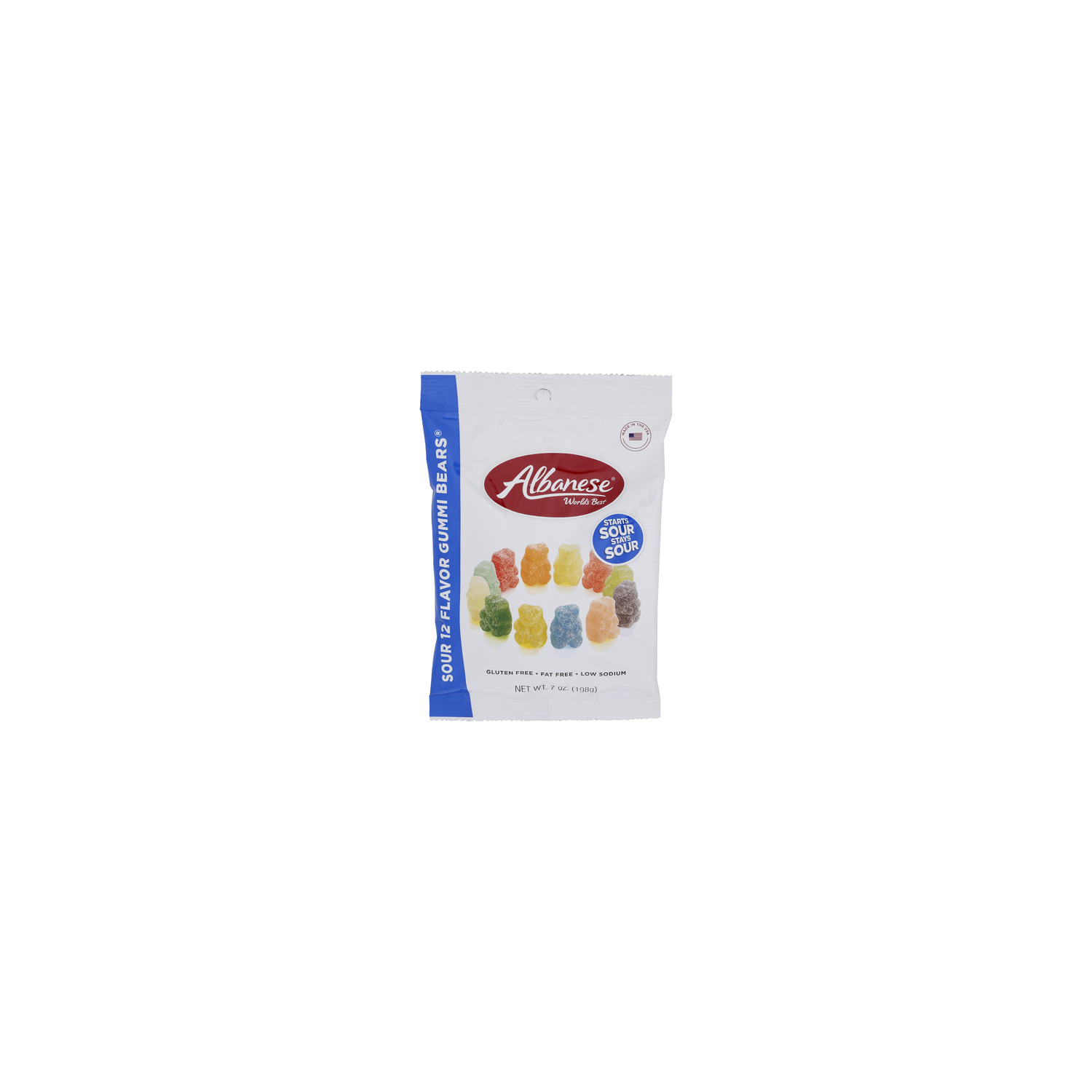 Albanese WORLD's Best Cherry, Strawberry, Mango, Pineapple, Lemon, Orange, Green Apple, Watermelon, Pink Grapefruit, Lime, Blue Raspberry, Grape Sour 12 Flavor Gummi Bears - 7 Ounce Image 1 of 4