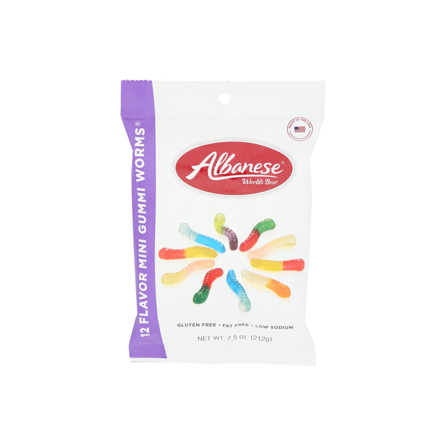 Albanese WORLD's Best Cherry, Strawberry, Mango, Pineapple, Lemon, Orange, Green Apple, Watermelon, Pink Grapefruit, Lime, Blue Raspberry, Grape 12 Flavor Mini Gummi Worms - 7.5 Ounce Image 1 of 4