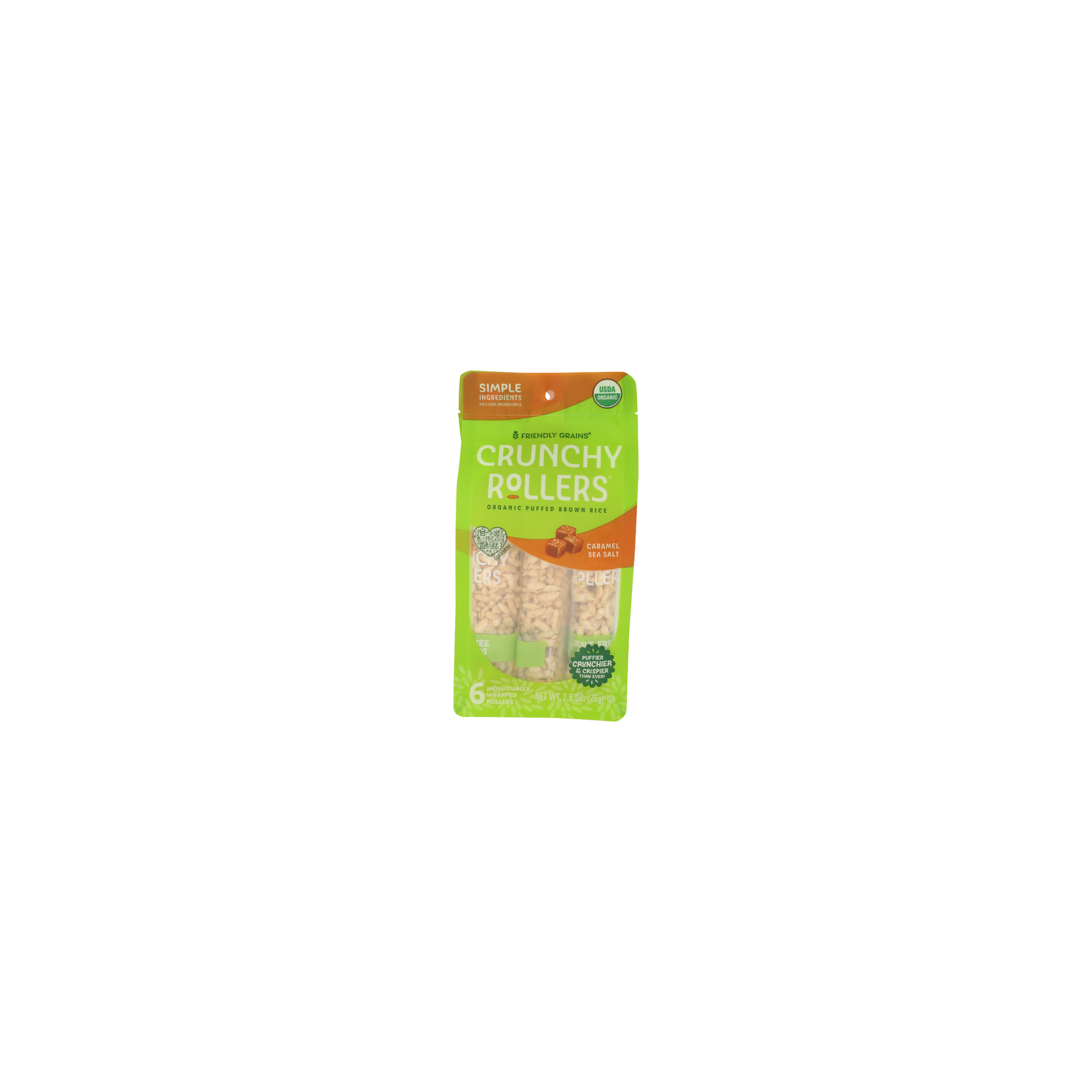 Friendly Grains Caramel Sea Salt Puffed Crunchy Rollers Standup Pouch - 0.433 Ounce - 6 Count Image 1 of 4