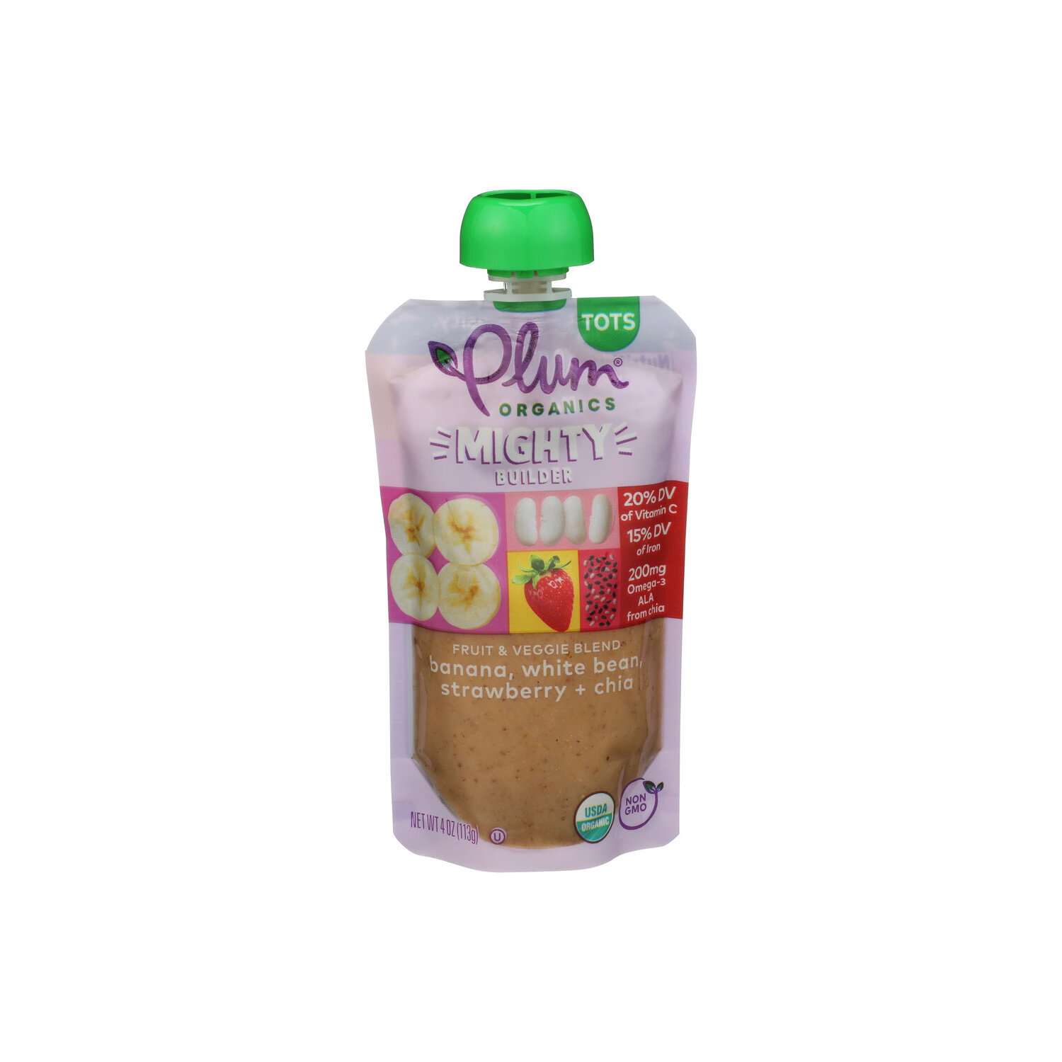 Plum Organics Banana, White, Bean, Chia Pureed Tots Mighty Builder Fruit & Veggie Blend White Strawberry + Pouch - 4 Ounce Image 1 of 4