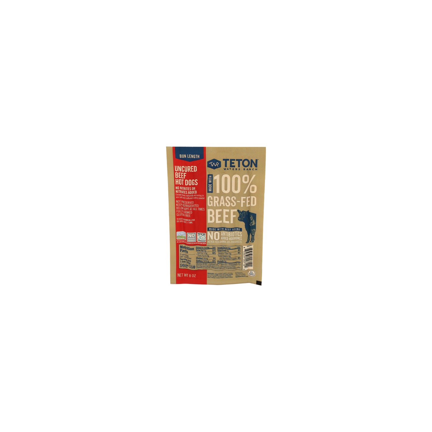Teton Waters Ranch Bun Length 100% Grass Fed Beef Hot Dogs - 8 Ounce Image 1 of 4