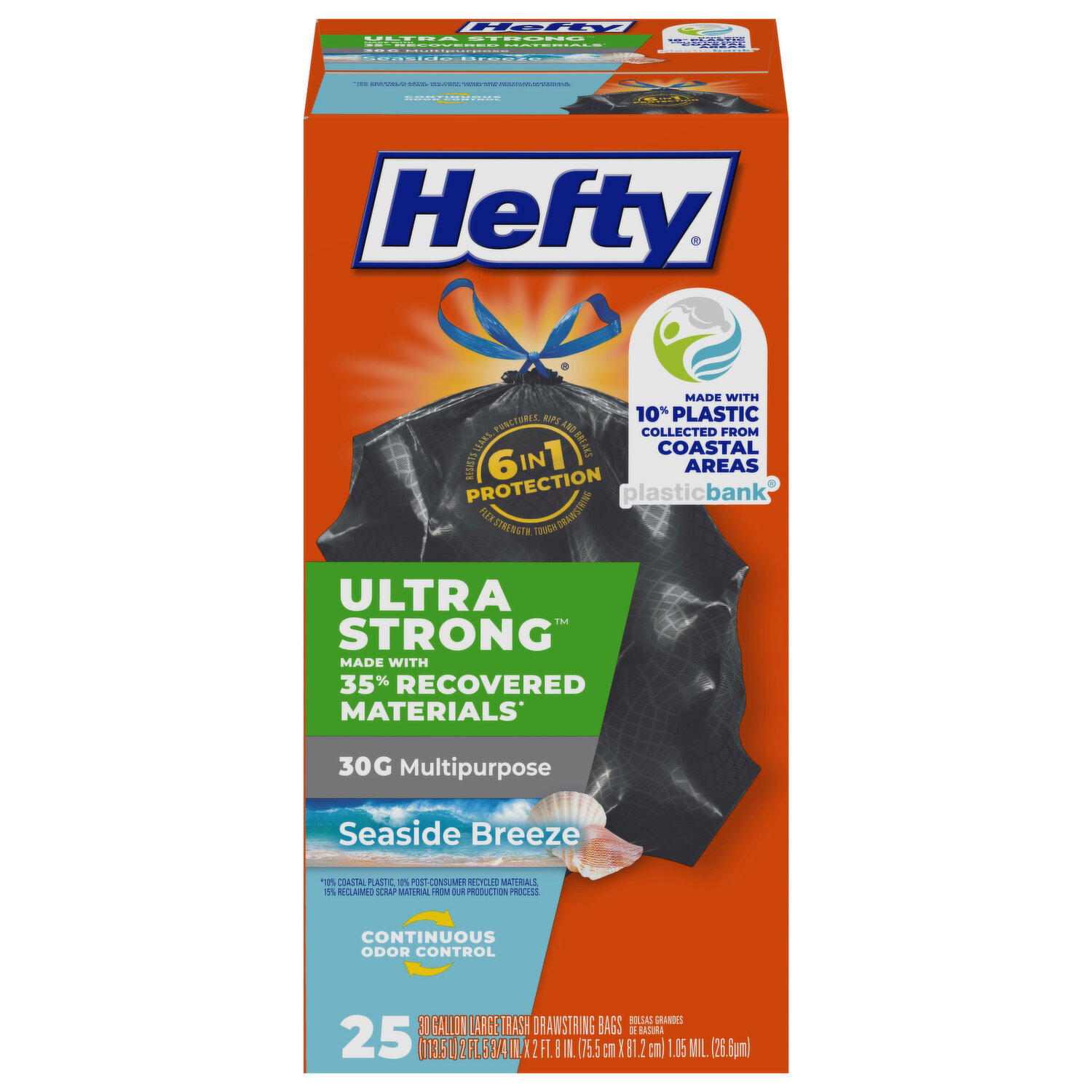 Hefty Trash Bags, Drawstring, Seaside Breeze, 30 Gallon, Large - 25 Each