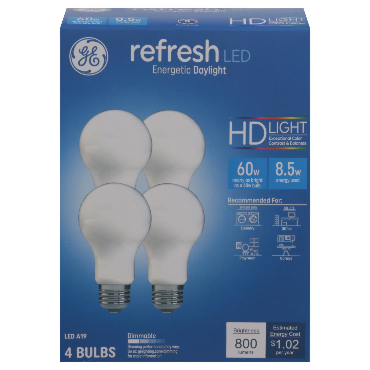 GE Bulbs, Refresh LED, A19, 8.5 Watts, Dimmable - 4 Each