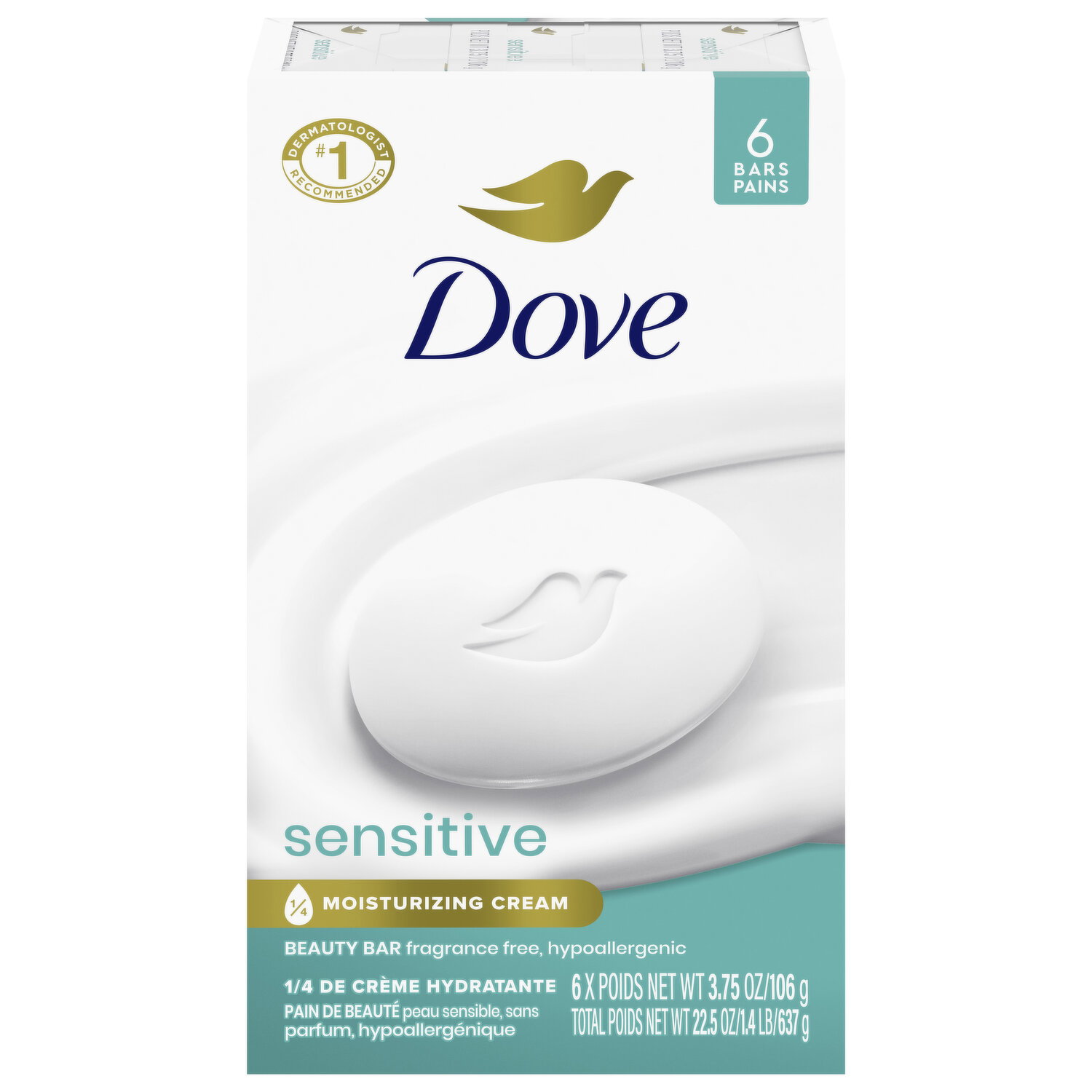 Dove Beauty Bar, Fragrance Free, Hypoallergenic, Sensitive - 6 Each Image 1 of 2
