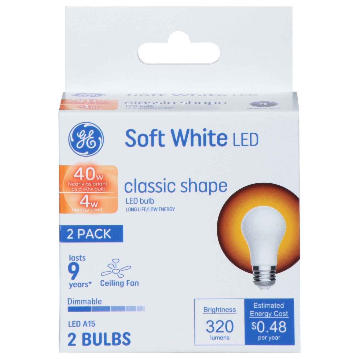 GE Light Bulb, LED, Soft White, 4 Watts, Classic Shape, 2 Pack - 2 Each