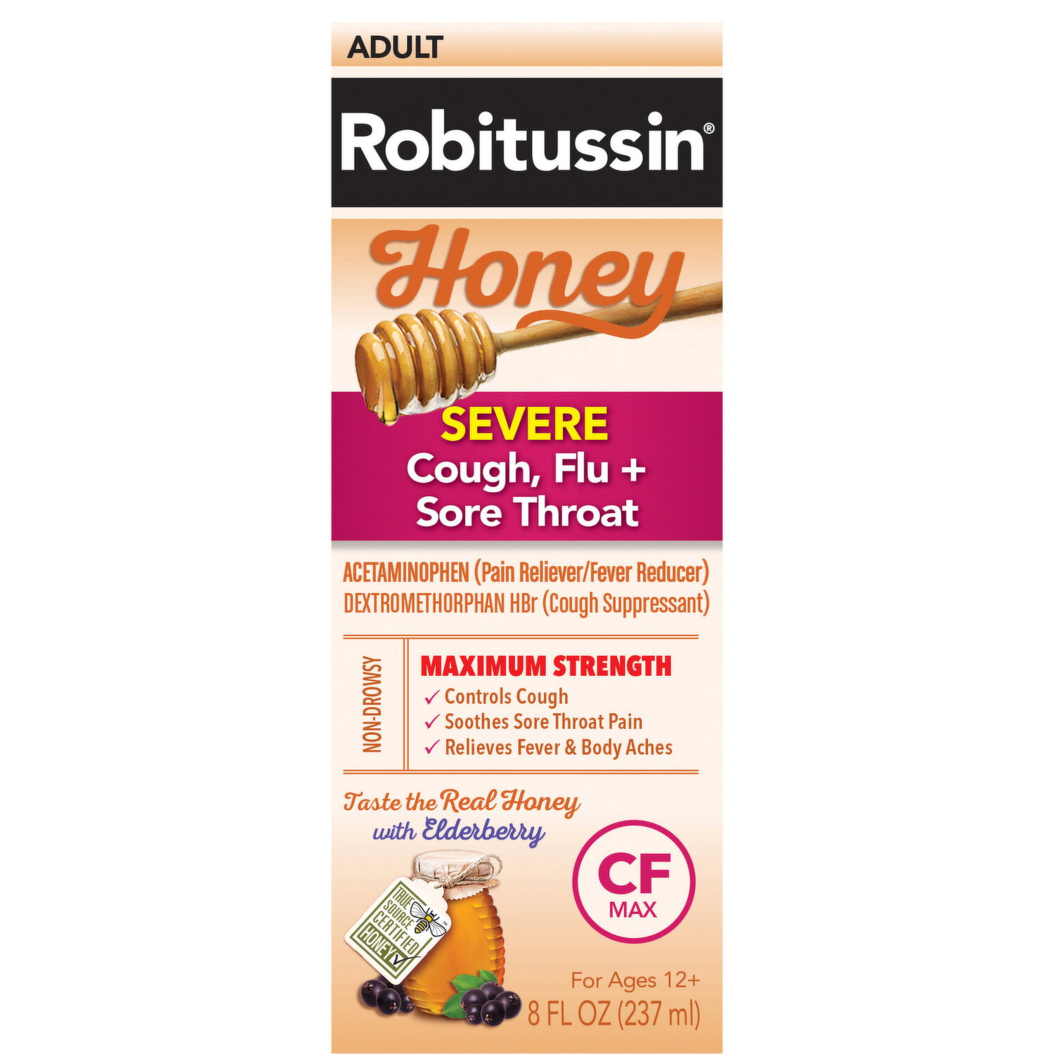 Robitussin Cough, Flu + Sore Throat, Honey, Maximum Strength, Severe, Adult - 8 Fluid Ounce Image 1 of 2
