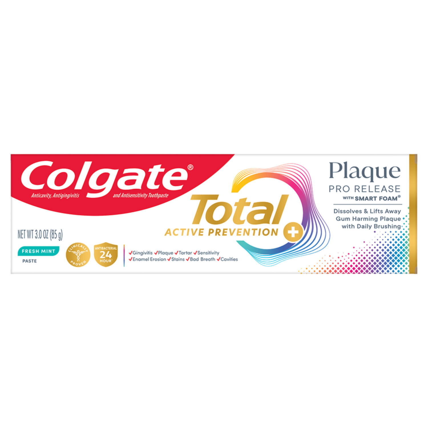 Colgate Dissolve and lift away gum harming plaque with daily brushing using Colgate Total Plaque Pro Release Fresh Mint Toothpaste. The minty toothpaste formula helps interfere with the harmful effects of plaque. - 3 Ounce Image 1 of 2