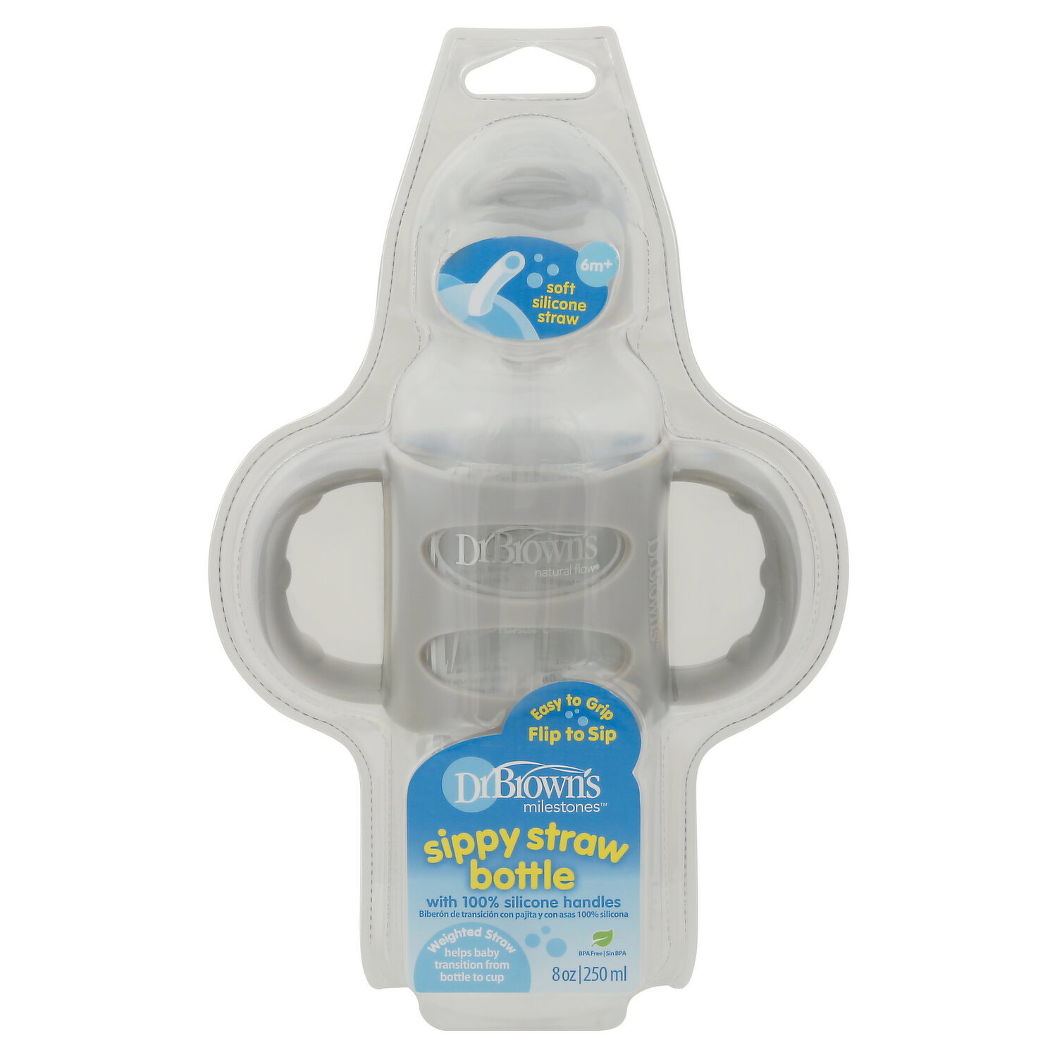 NE0102: Dr. Brown's Milestones Narrow Sippy Straw Bottle, Spill-Proof With 100% Silicone Handles And Weighted Straw, 8 Oz/250 ML, Gray, 6m+ 🏷️ MVR 320 ** Comes In Our Own Packaging •SIPPY STRAW