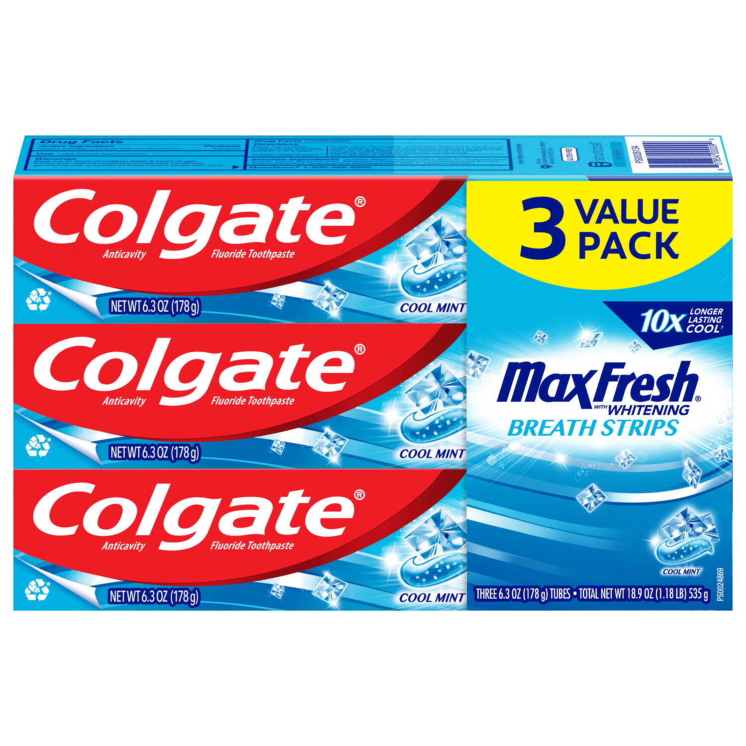 Colgate Toothpaste, with Whitening Breath Strips, Anticavity Fluoride, Cool Mint, 3 Value Pack - 3 Each Image 1 of 2