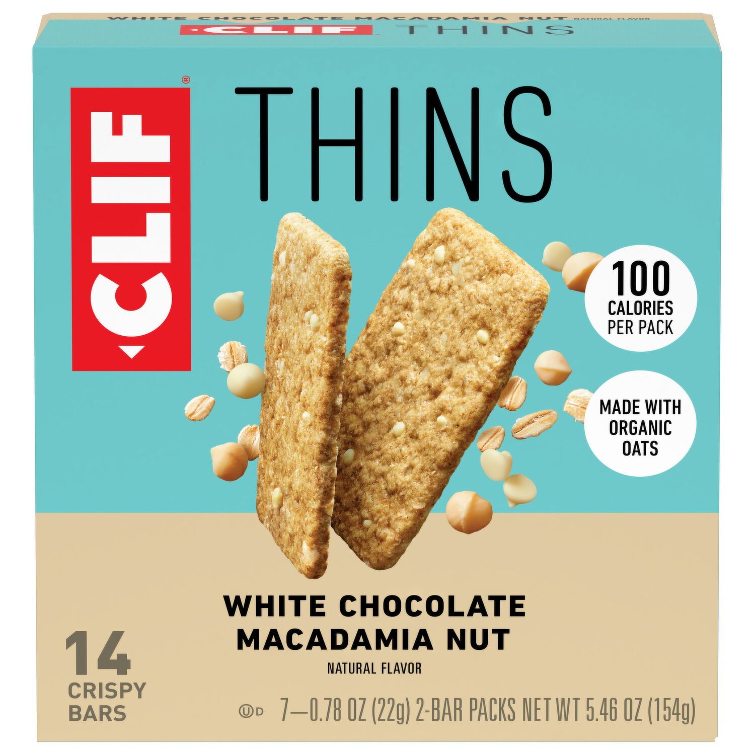 CLIF CLIF Thins - White Chocolate Macadamia Nut - Crispy Snack Bars - Made with Organic Oats - Non-GMO - Plant-Based - 100 Calorie Packs - 0.78 oz. (7 Pack) Image 1 of 3