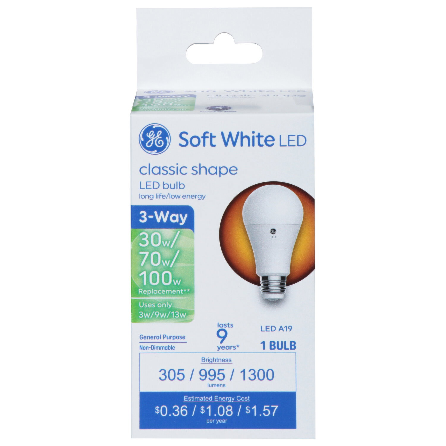 GE Light Bulb, LED, 3-Way, Soft White, Classic Shape, 3/9/13 Watts - 1 Each