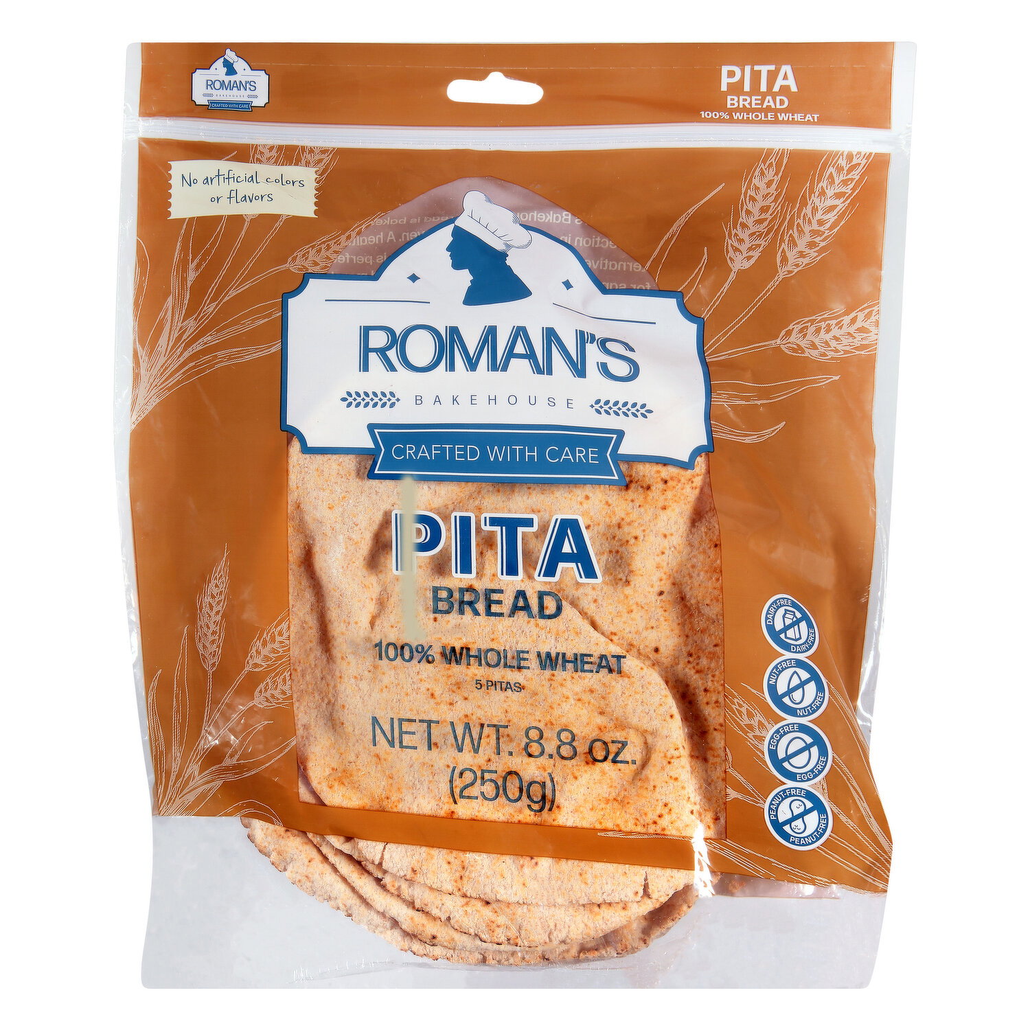 Roman's Bakehouse Pita Bread, 100% Whole Wheat - 5 Each Image 1 of 3