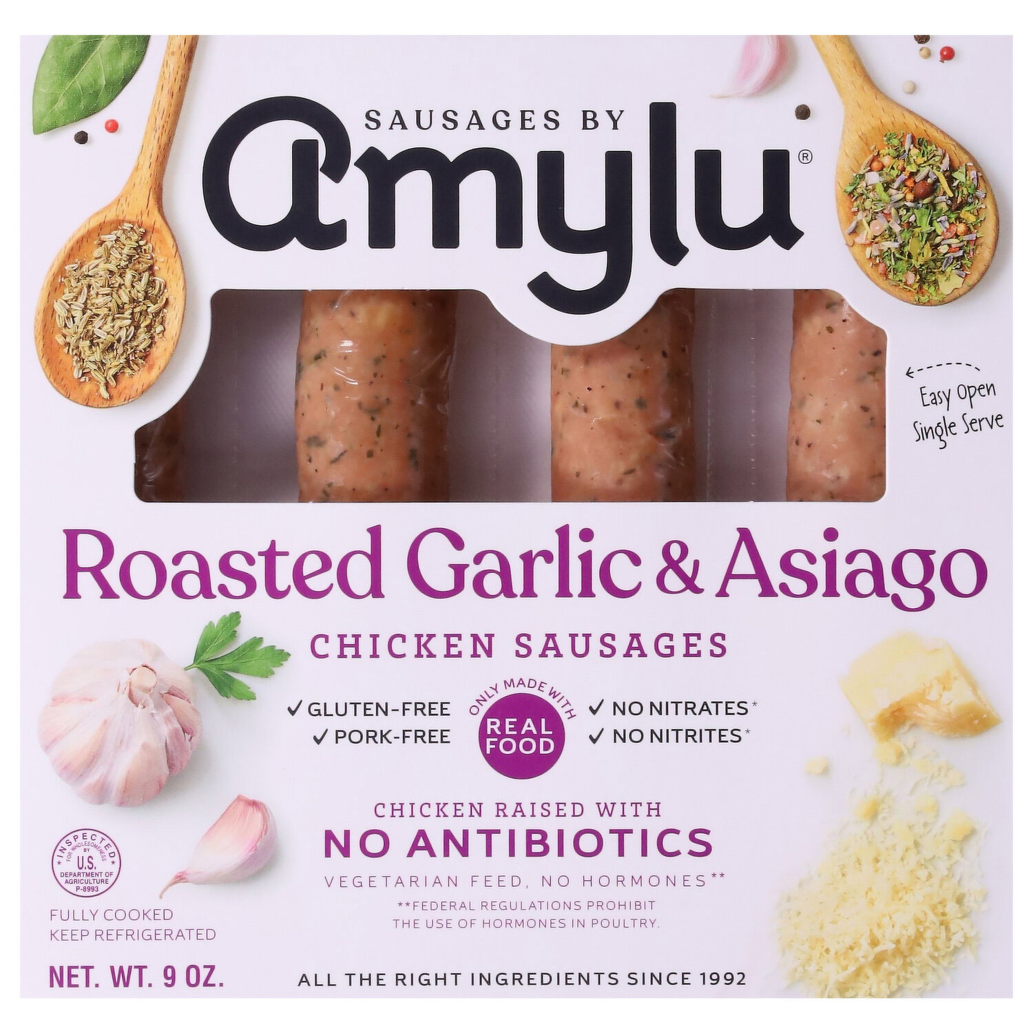 Amylu Chicken Sausages, Roasted Garlic & Asiago Image 1 of 3