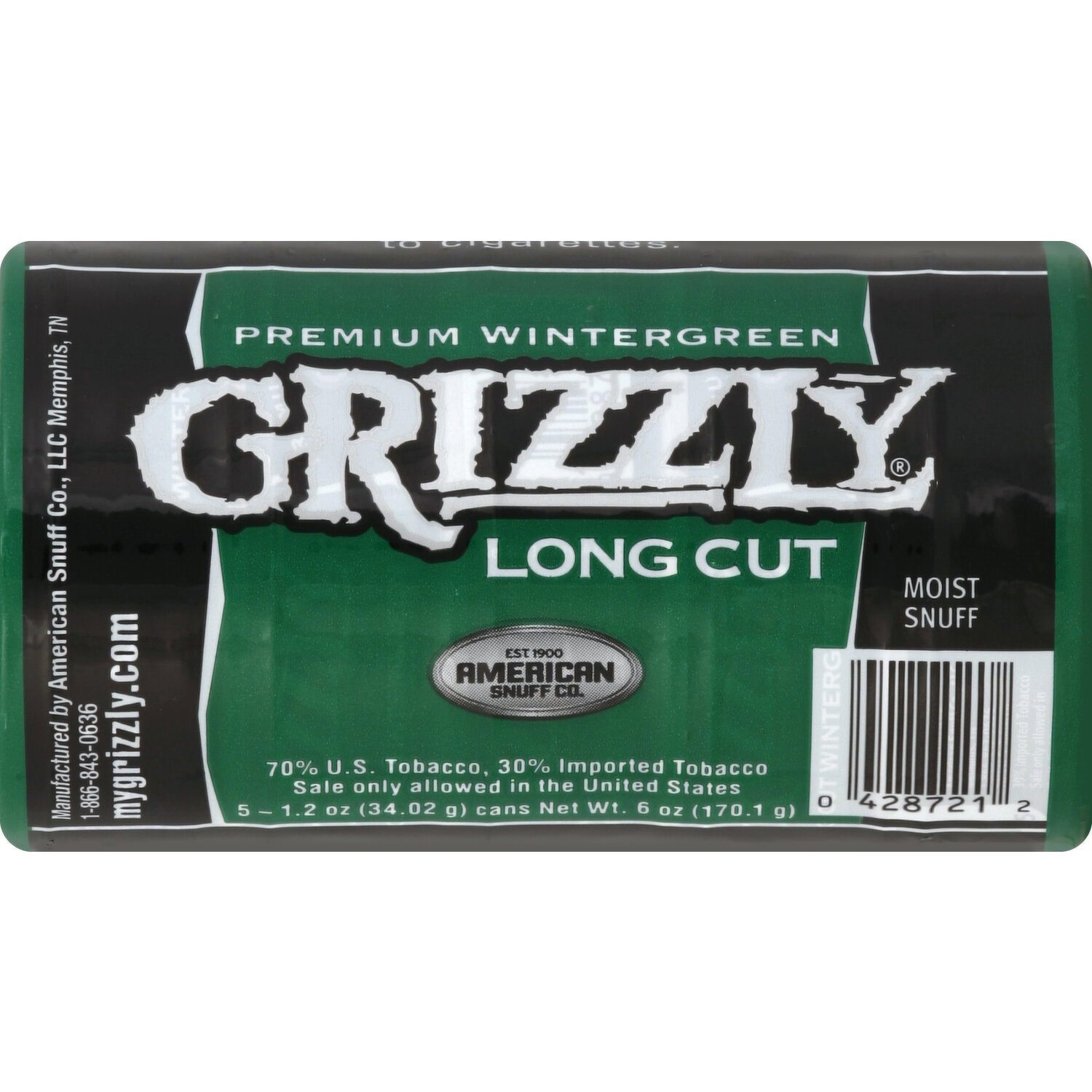 Grizzly Snuff, Moist, Long Cut, Premium Wintergreen - 5 Each