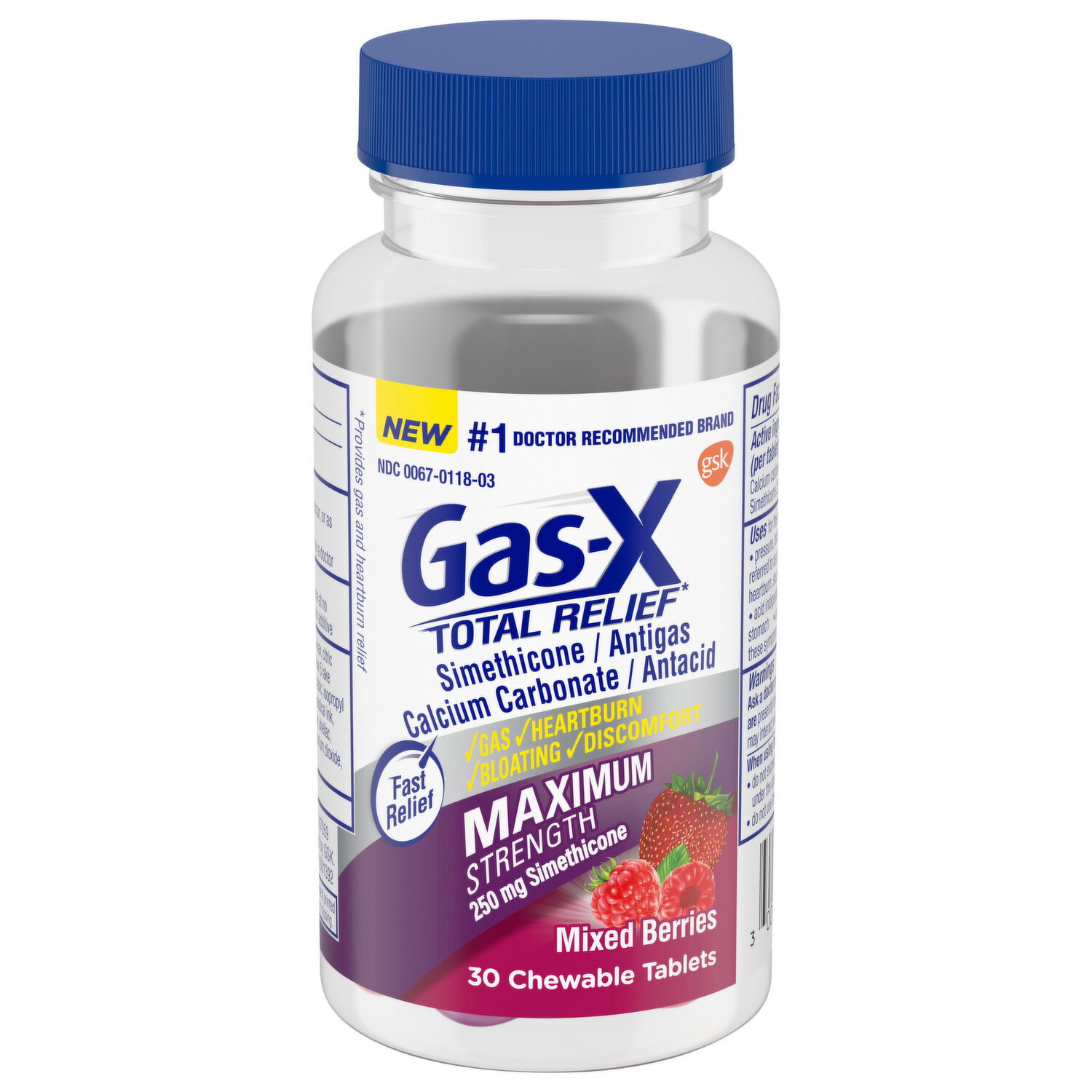 Gas-X Antigas/Antacid, Maximum Strength, 250 mg, Chewable Tablets, Mixed Berries - 30 Each Image 1 of 2
