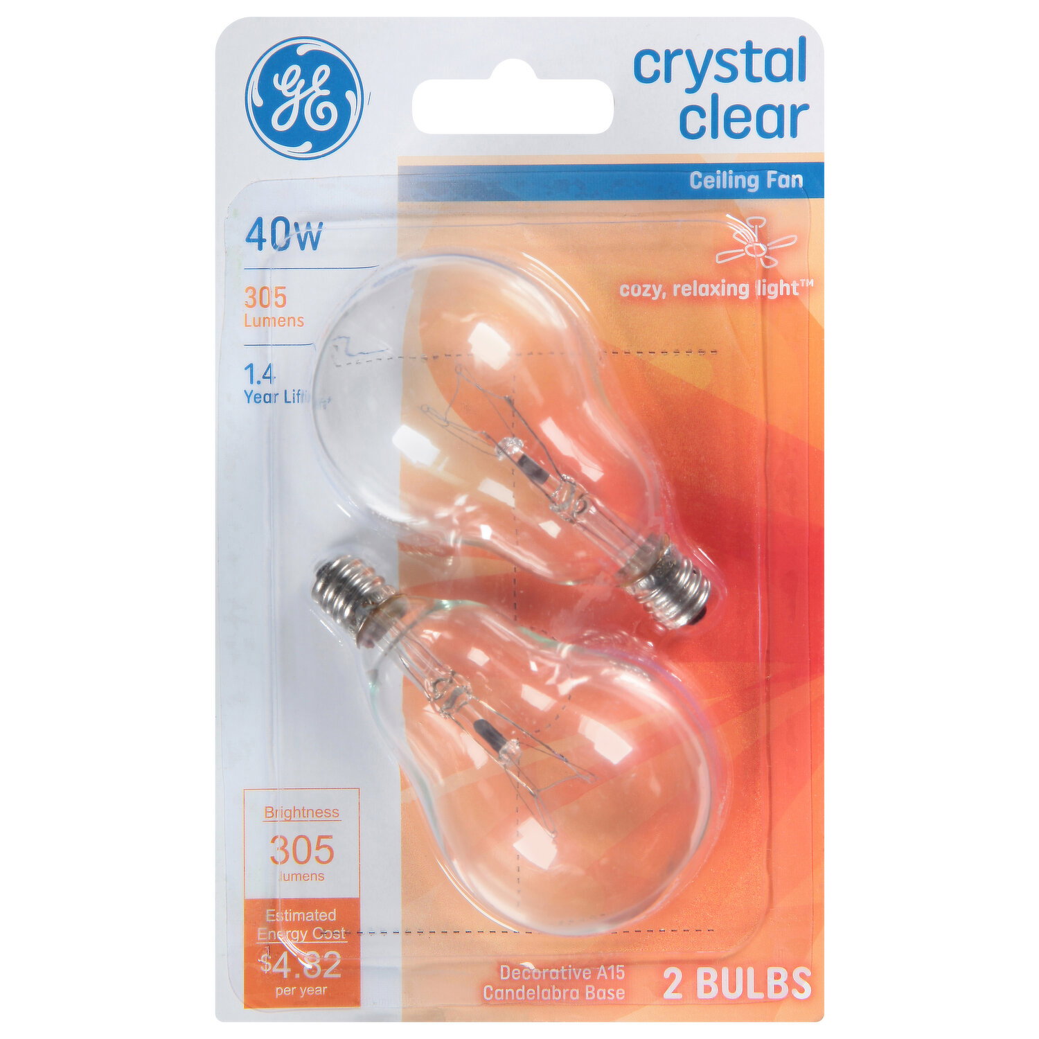 GE Light Bulbs, Ceiling Fan, Crystal Clear, 40 Watts - 2 Each